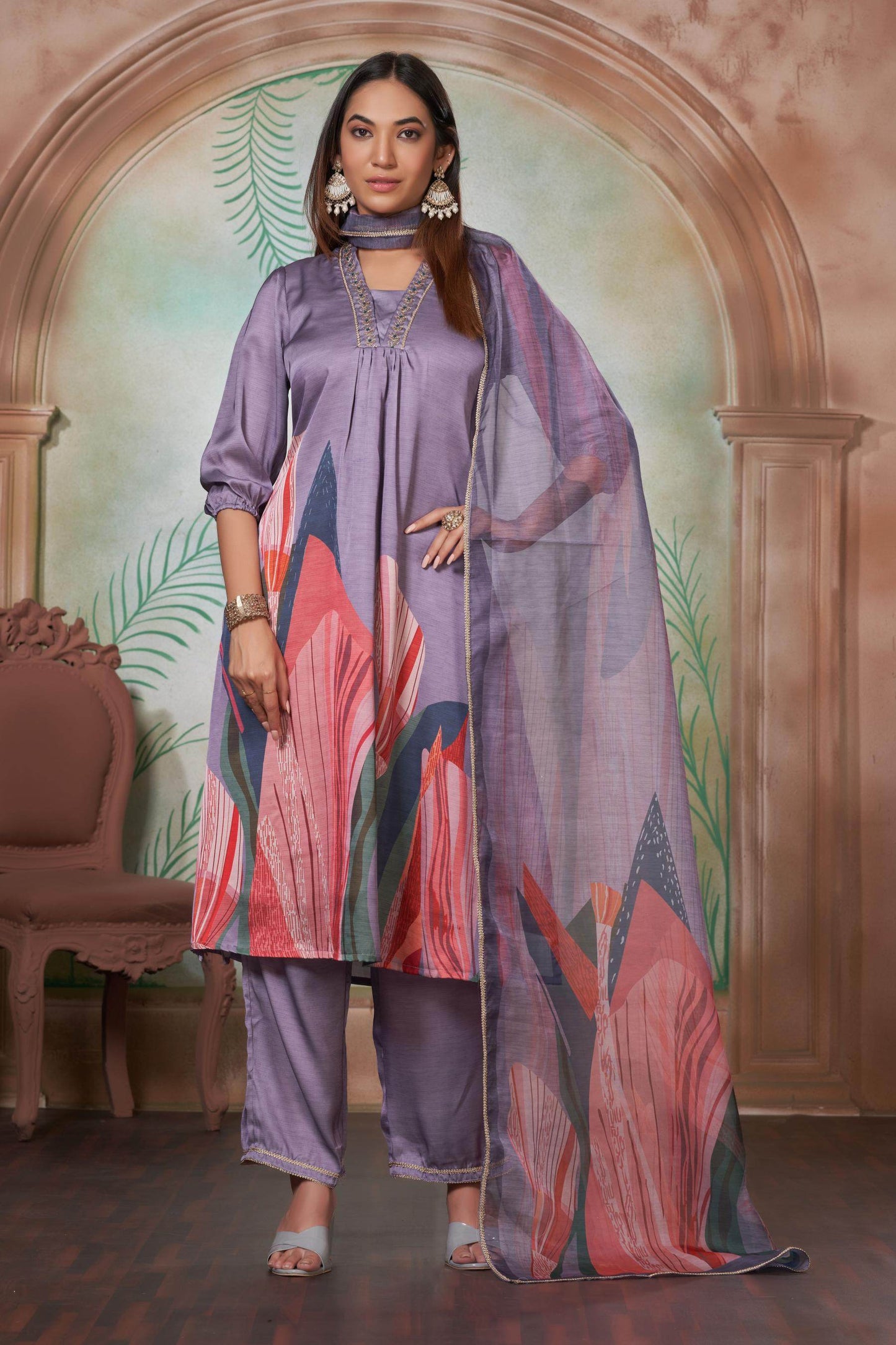 Shama Women’s Silk Kurta Set in Peach and Purple with Dupatta – Festive Wear Outfit