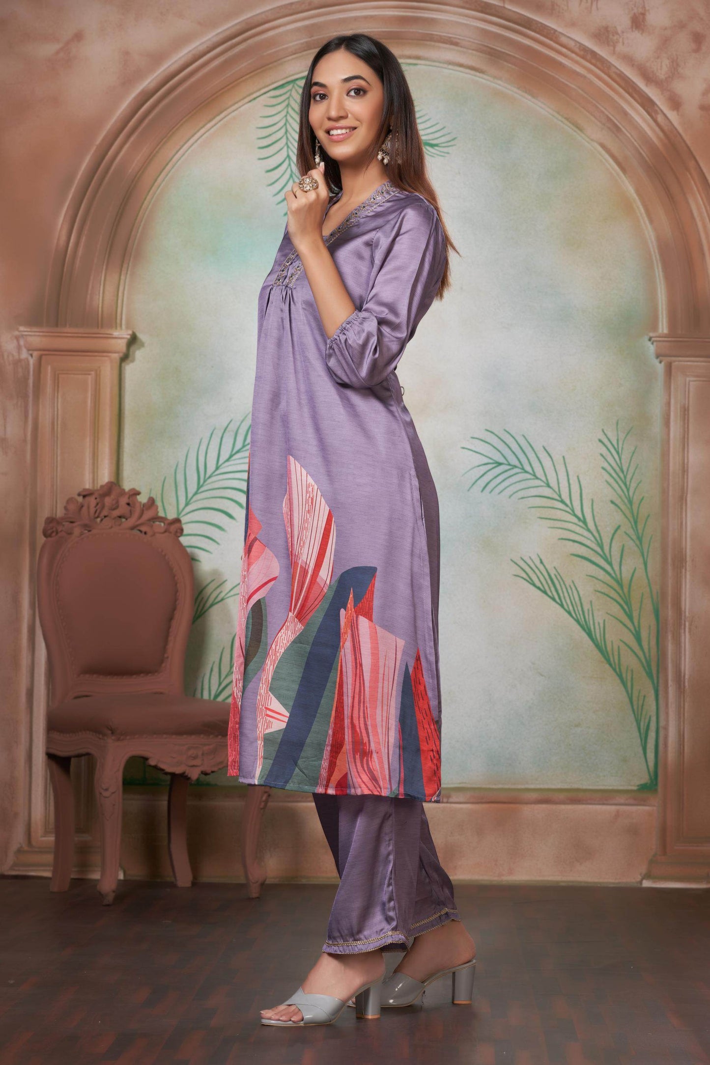 Shama Women’s Silk Kurta Set in Peach and Purple with Dupatta – Festive Wear Outfit