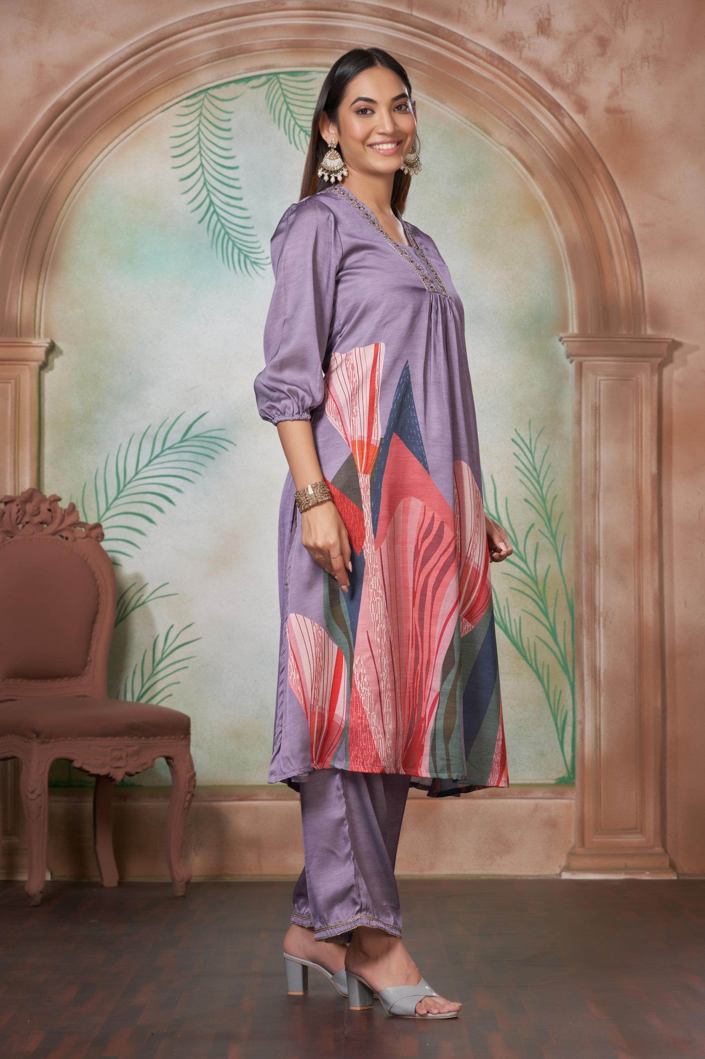 Shama Women’s Silk Kurta Set in Peach and Purple with Dupatta – Festive Wear Outfit