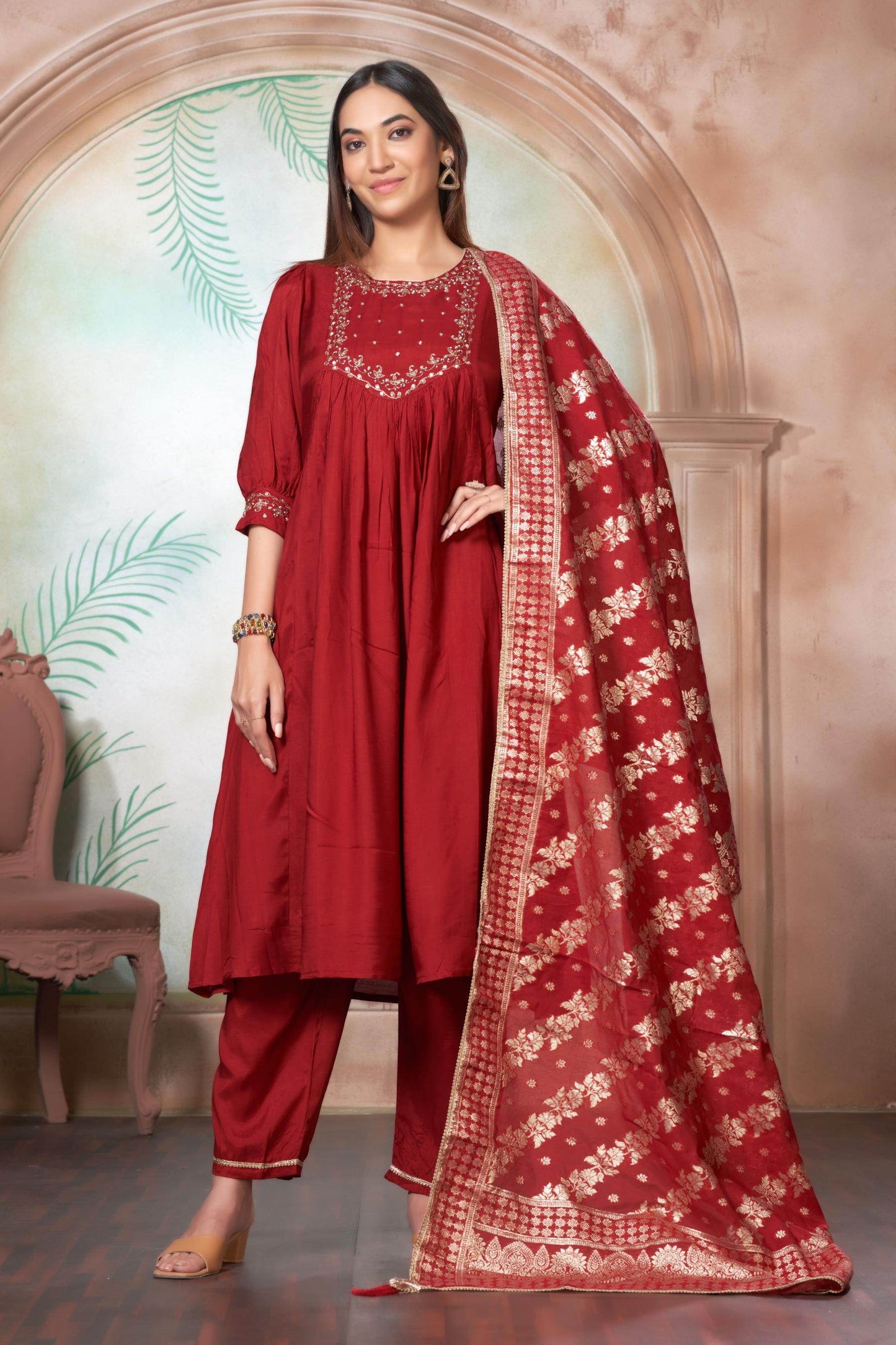 Gayatri Muslin Beige & Red Kurta Set with Dupatta – Elegant Festive Ethnic Wear for Women