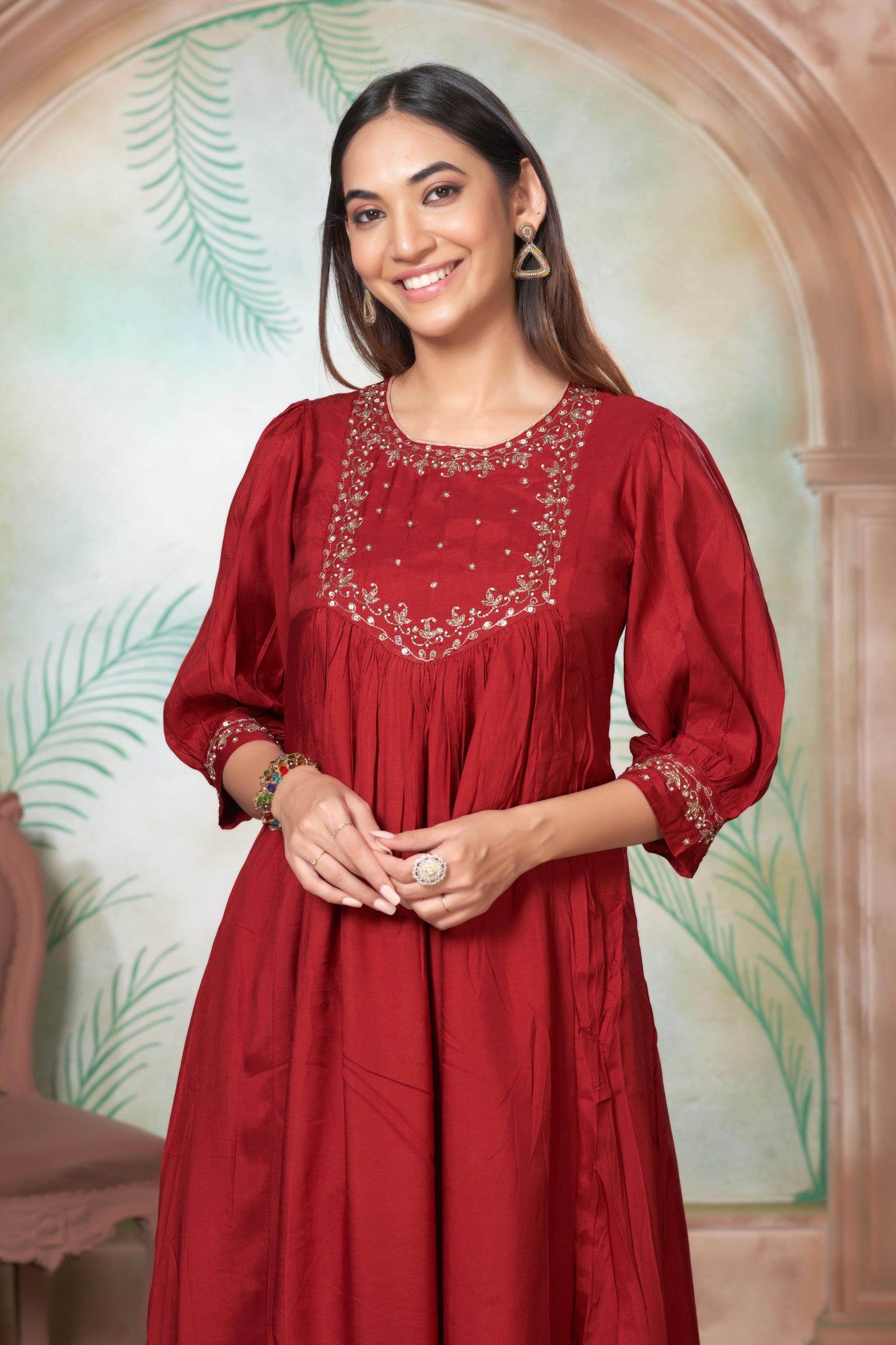 Gayatri Muslin Beige & Red Kurta Set with Dupatta – Elegant Festive Ethnic Wear for Women