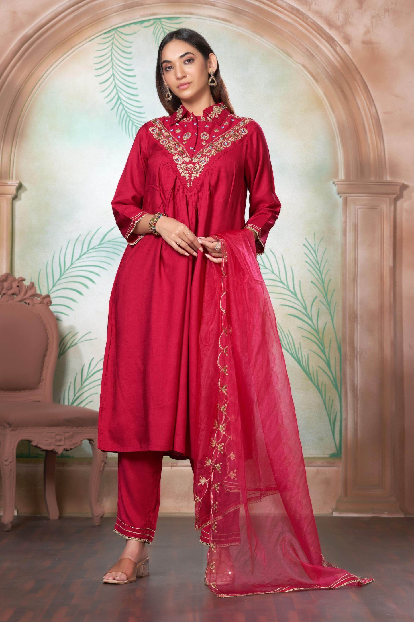 Himawari Muslin Kurta Set - Fuschia & Mustard Women's Ethnic Suit with Dupatta