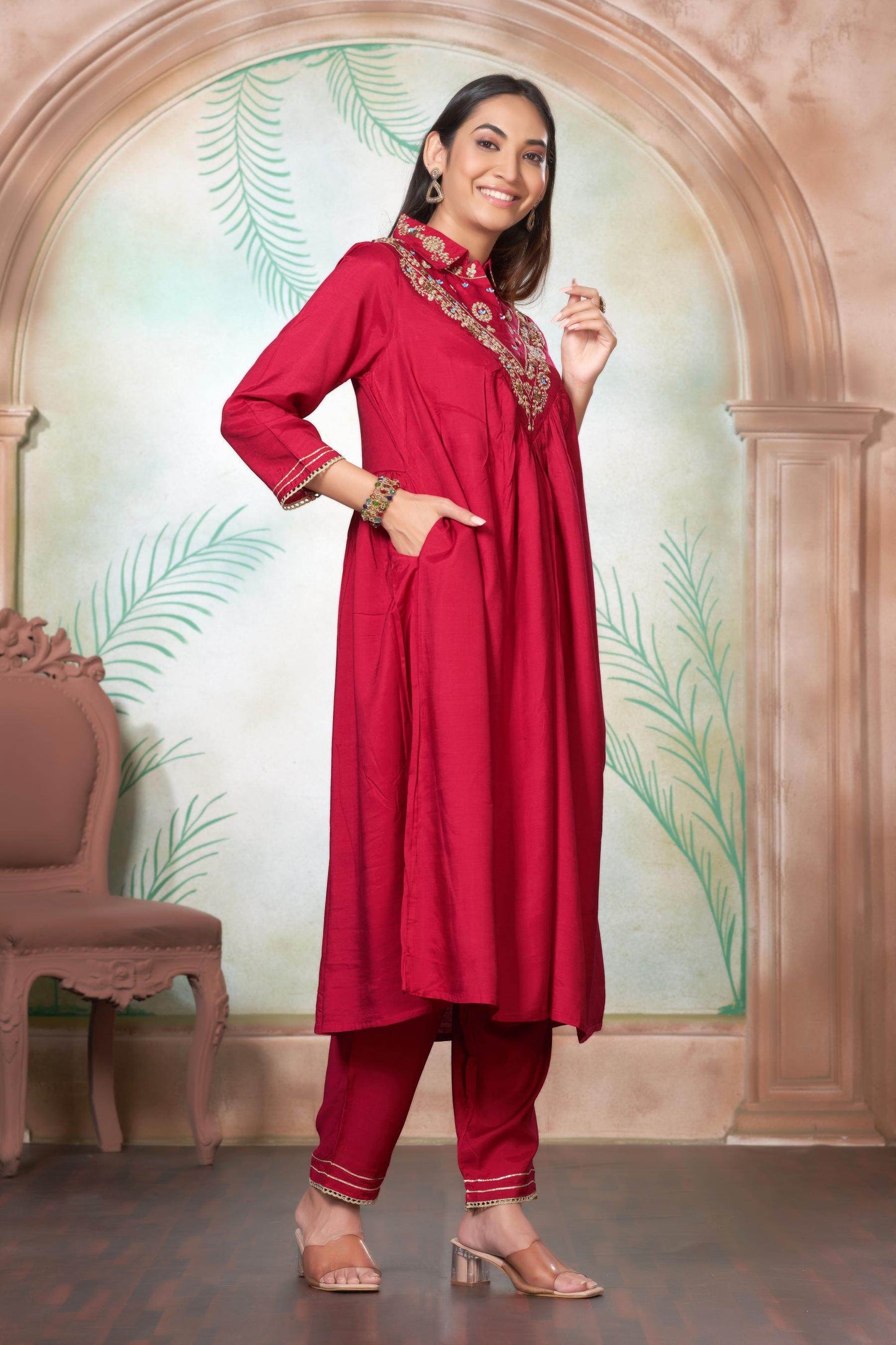 Himawari Muslin Kurta Set - Fuschia & Mustard Women's Ethnic Suit with Dupatta