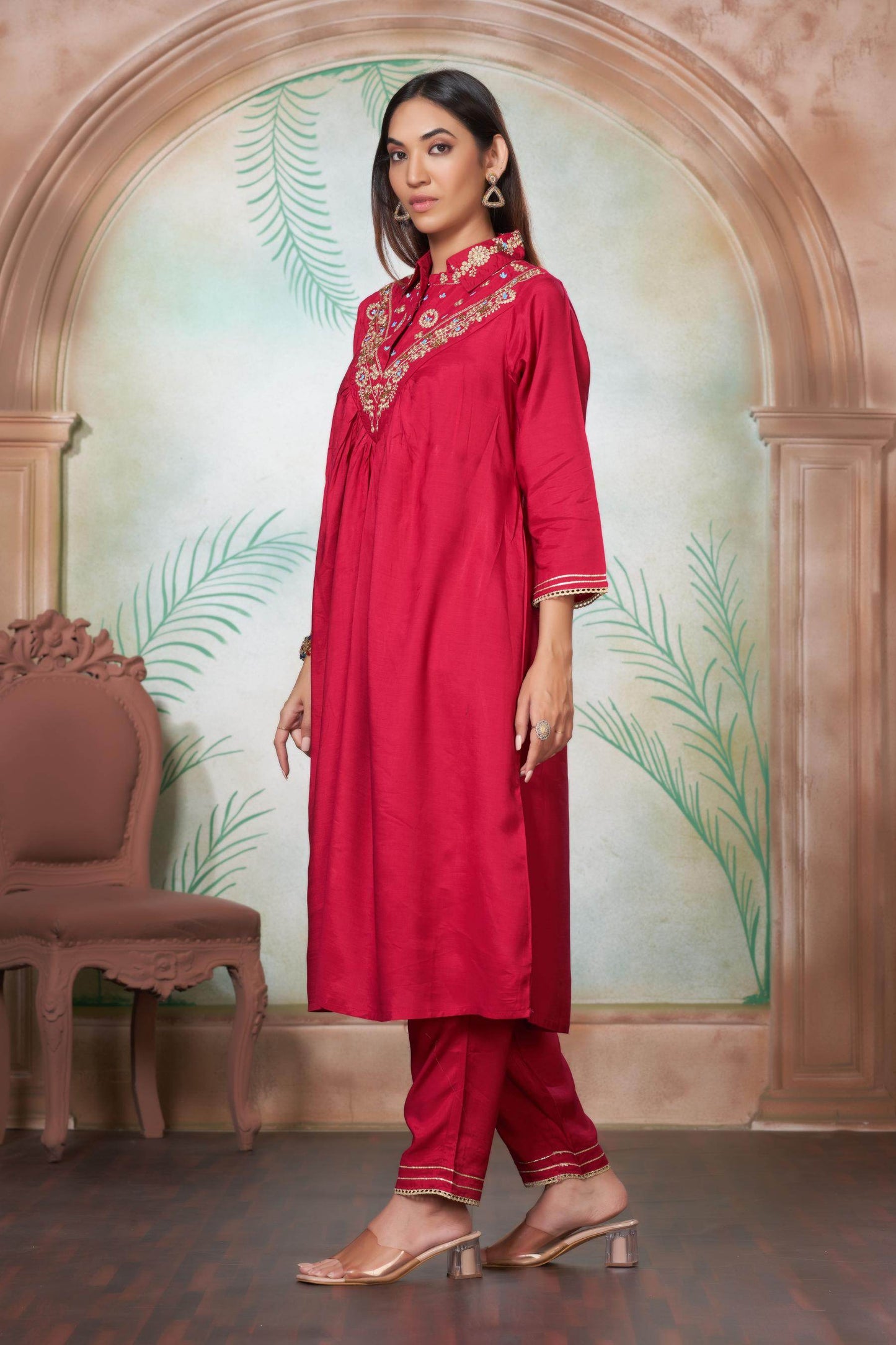 Himawari Muslin Kurta Set - Fuschia & Mustard Women's Ethnic Suit with Dupatta