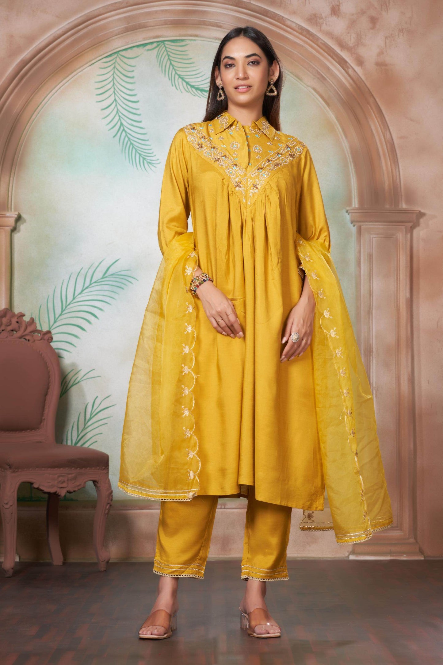Himawari Muslin Kurta Set - Fuschia & Mustard Women's Ethnic Suit with Dupatta
