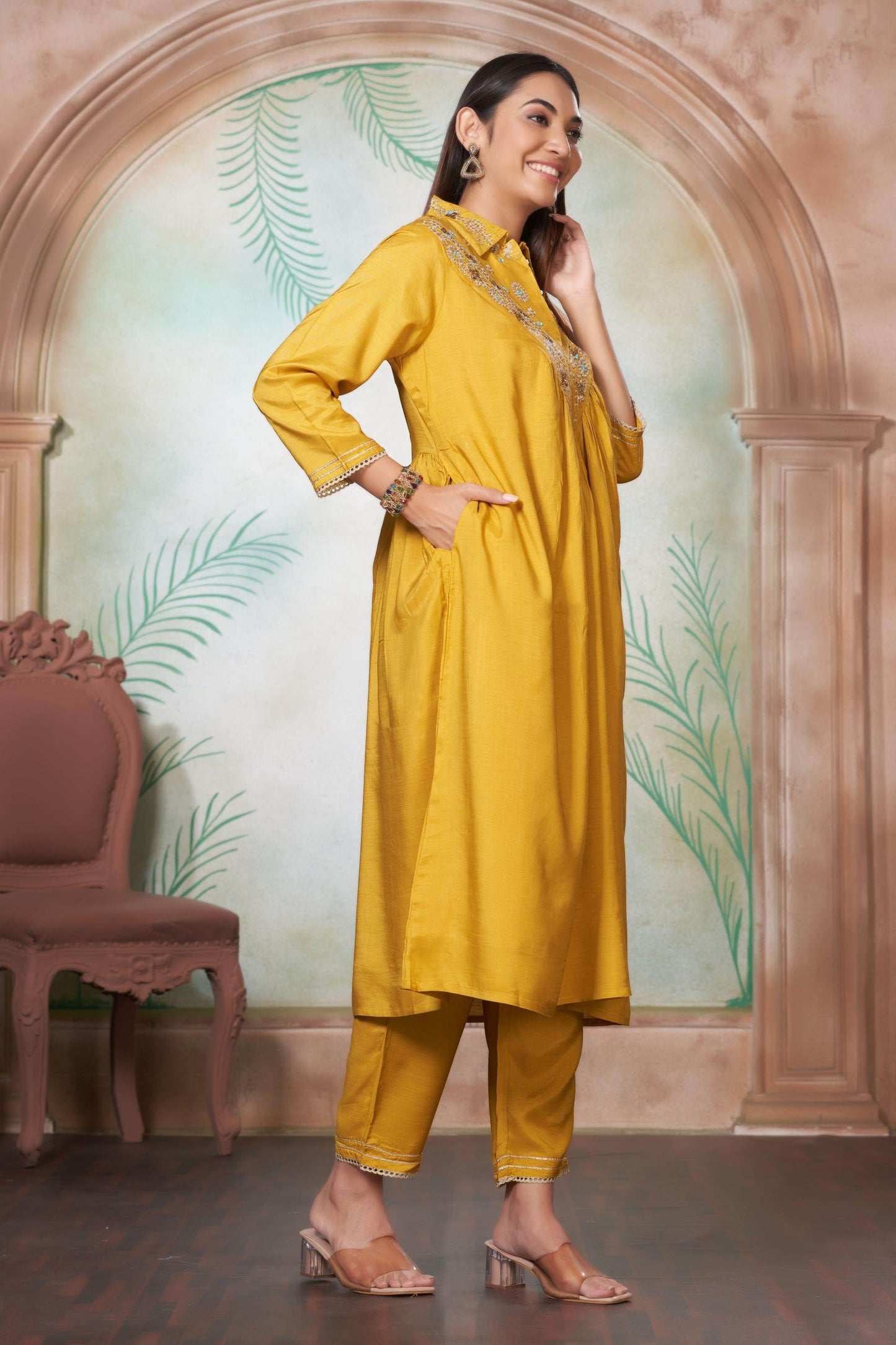 Himawari Muslin Kurta Set - Fuschia & Mustard Women's Ethnic Suit with Dupatta