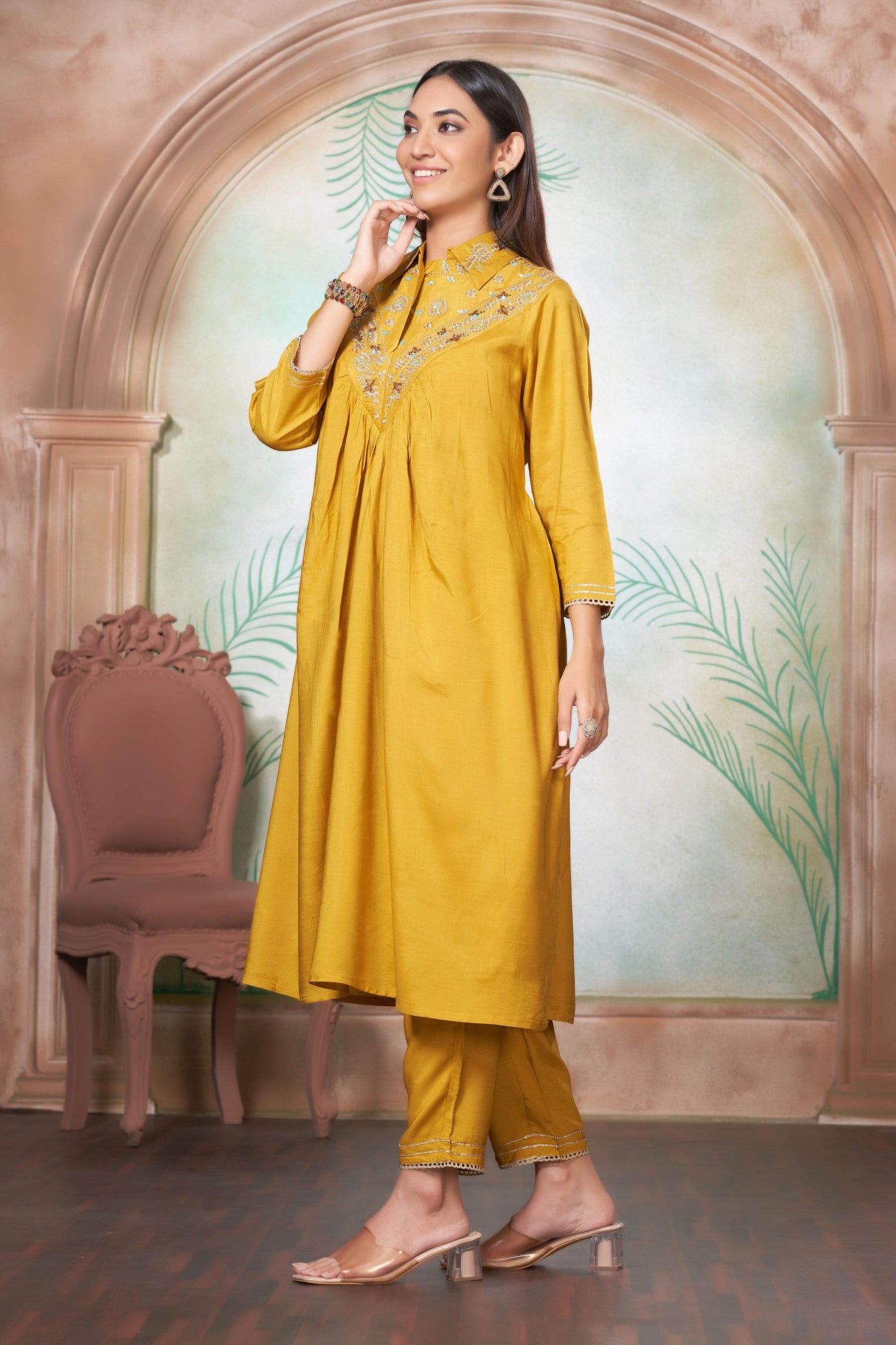 Himawari Muslin Kurta Set - Fuschia & Mustard Women's Ethnic Suit with Dupatta