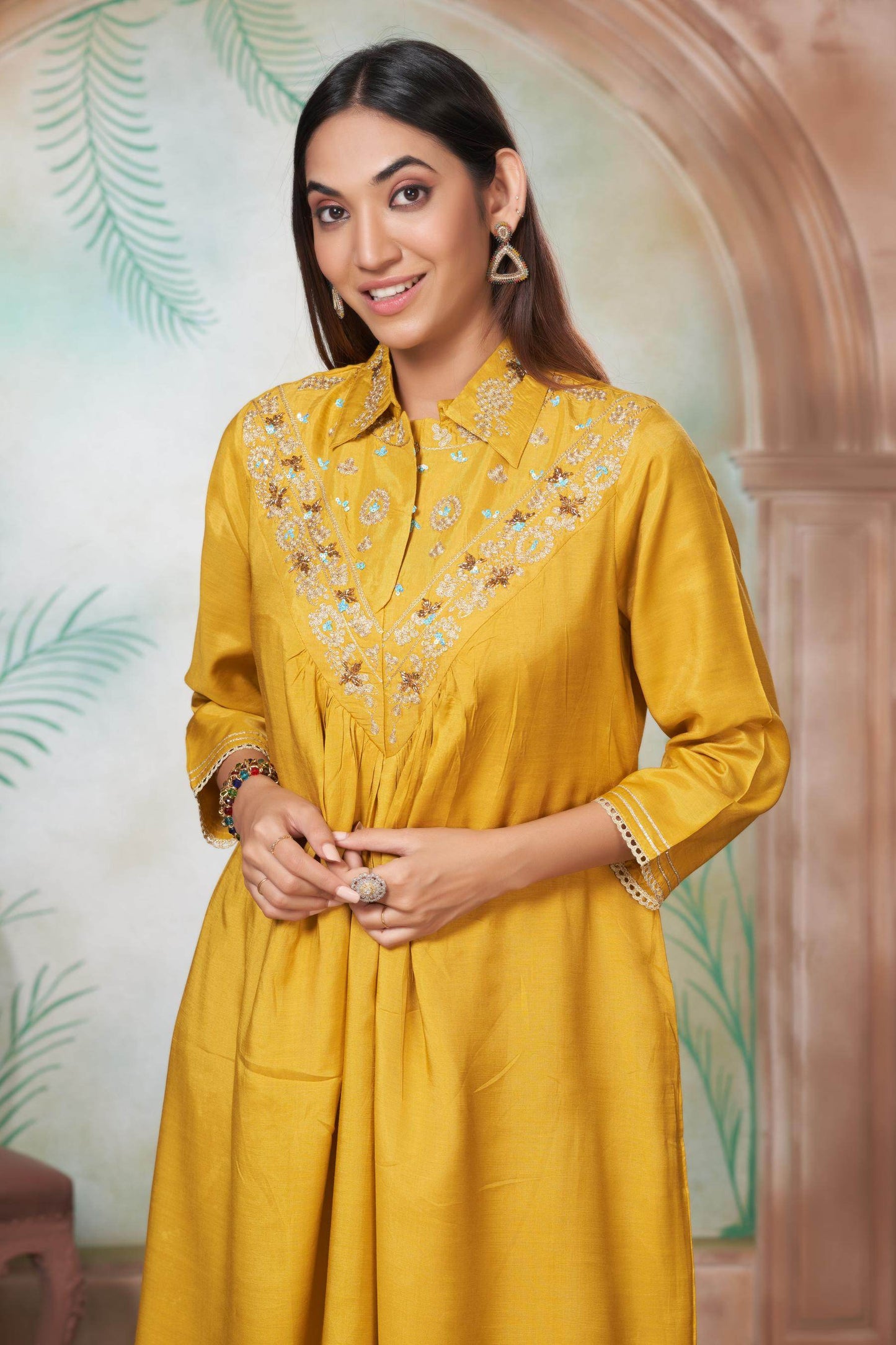 Himawari Muslin Kurta Set - Fuschia & Mustard Women's Ethnic Suit with Dupatta