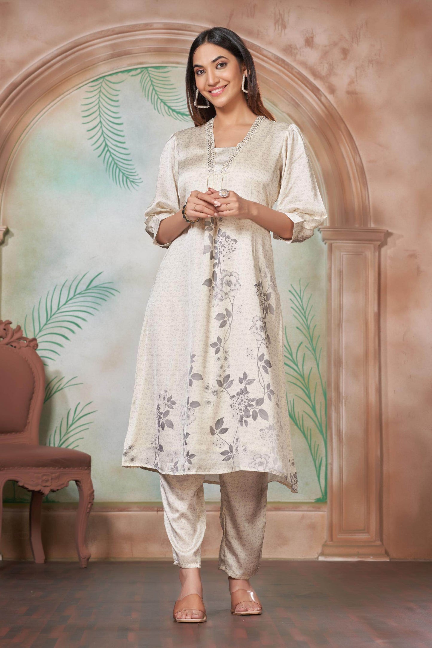 Reeva Silk White and Lavender Kurta Set - Elegant Handcrafted Ethnic Wear