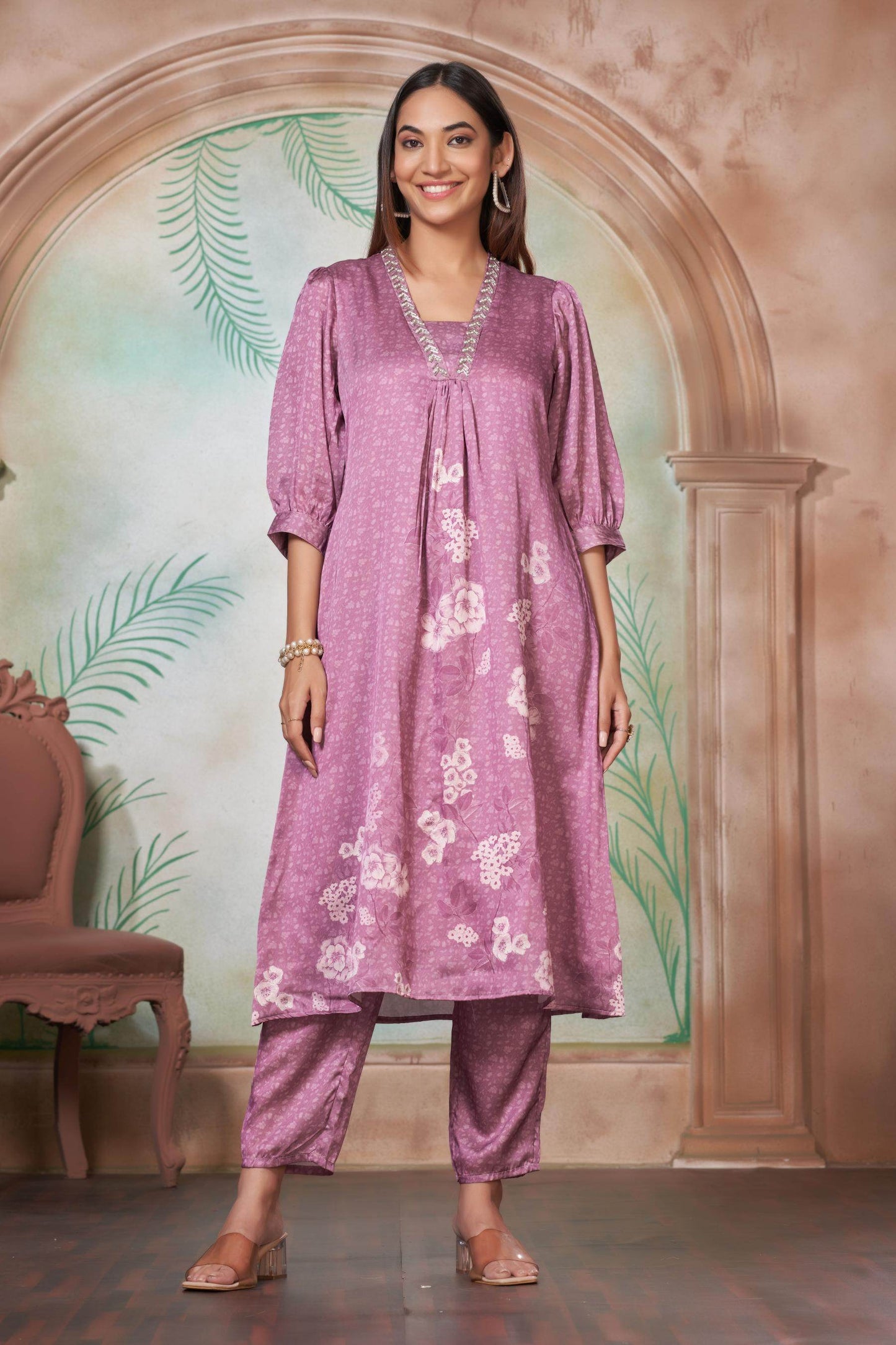 Reeva Silk White and Lavender Kurta Set - Elegant Handcrafted Ethnic Wear
