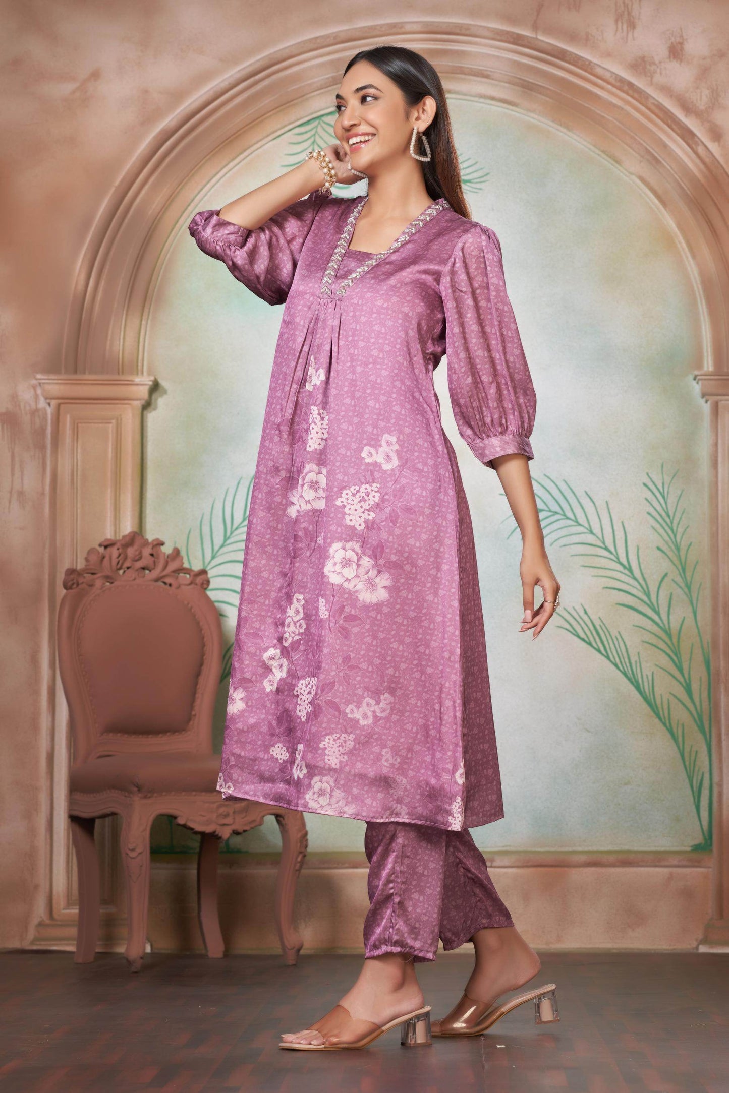 Reeva Silk White and Lavender Kurta Set - Elegant Handcrafted Ethnic Wear