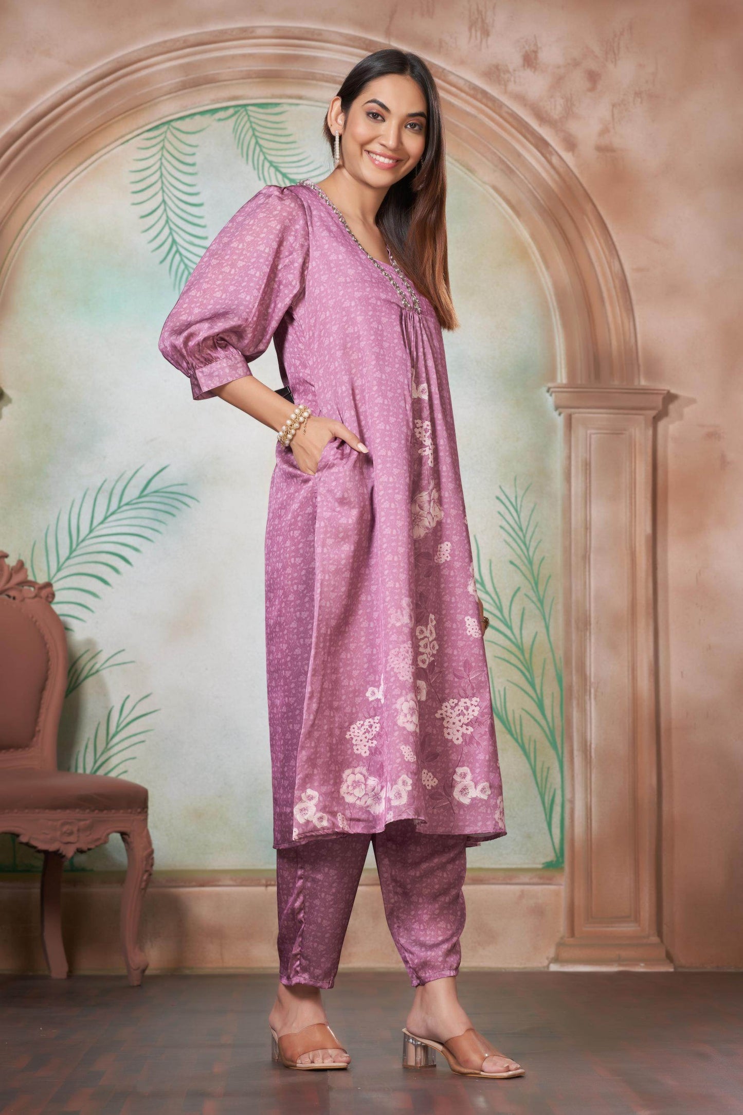 Reeva Silk White and Lavender Kurta Set - Elegant Handcrafted Ethnic Wear