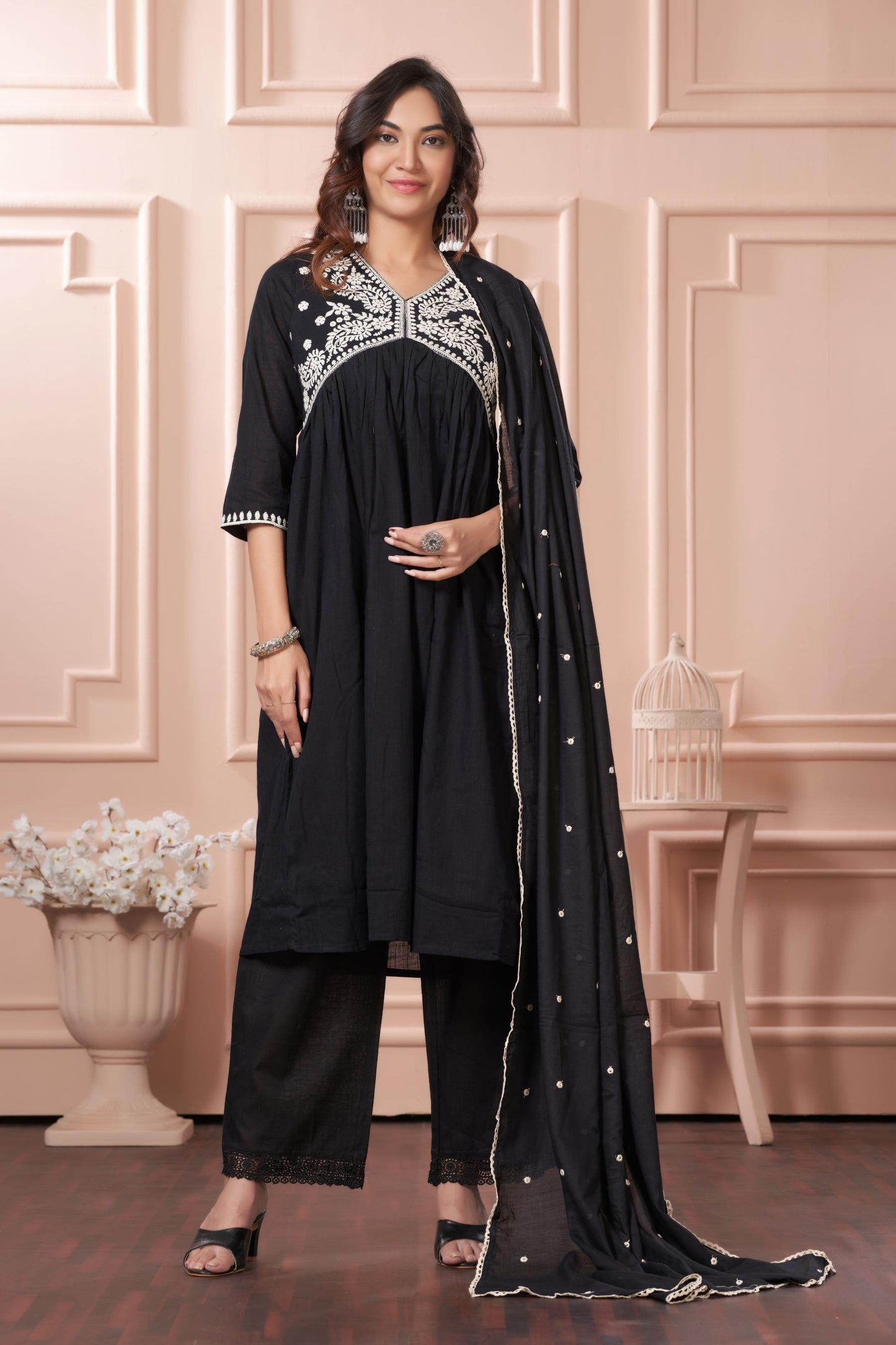 Akanksha Black Pure Cotton Kurta Set & Dupatta – Elegant Women’s Ethnic Wear