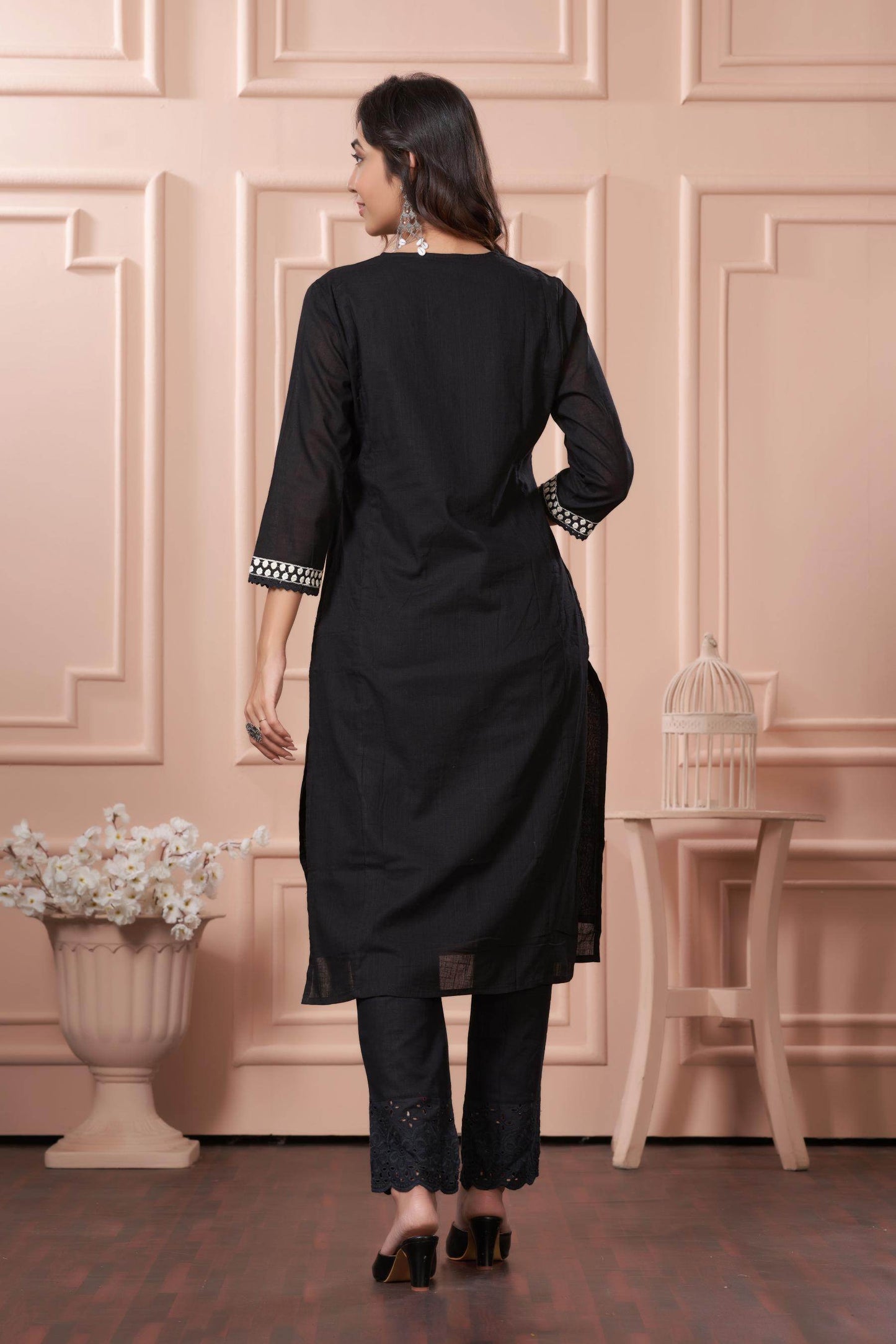 Samantha Black Cotton Kurta Set with Dupatta for Women