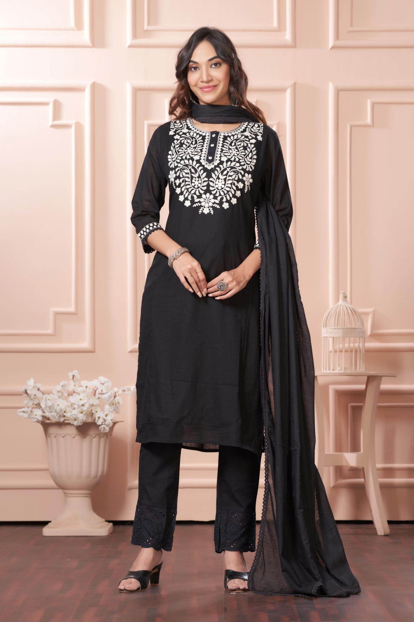 Samantha Black Cotton Kurta Set with Dupatta for Women