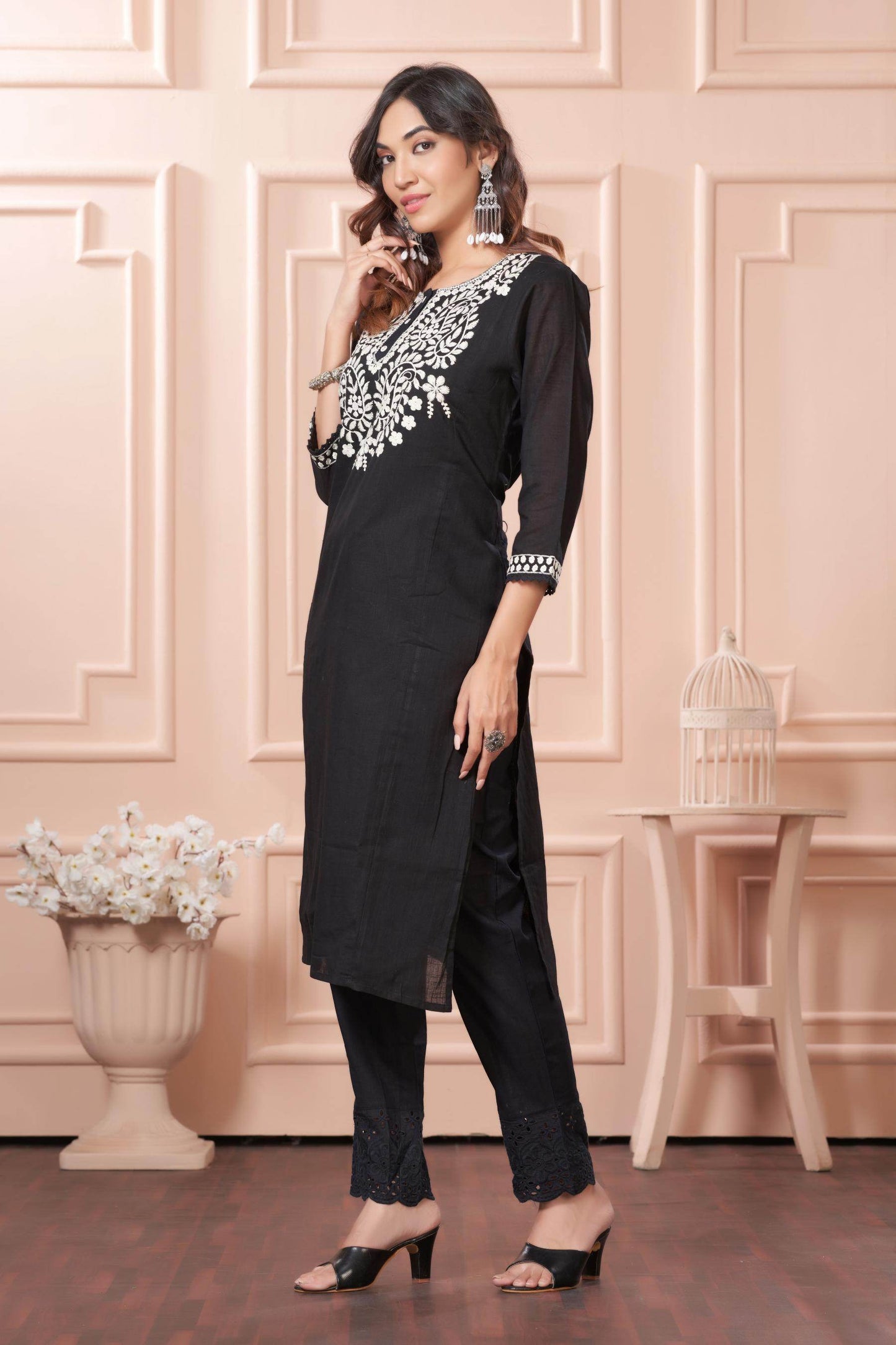 Samantha Black Cotton Kurta Set with Dupatta for Women