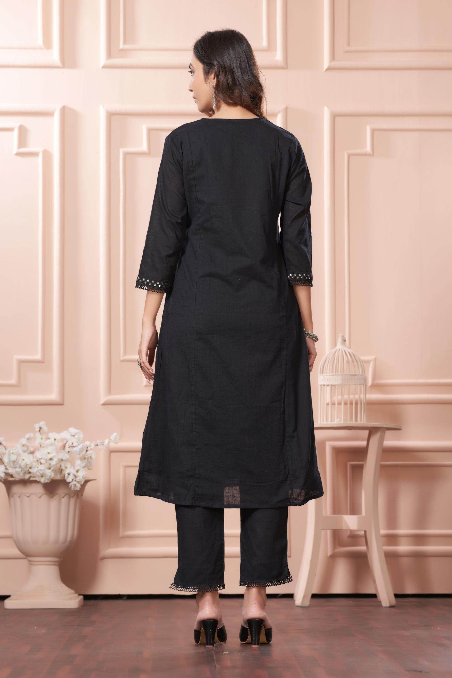 Elegant Maryam Black Cotton Kurta Set with Dupatta for Women