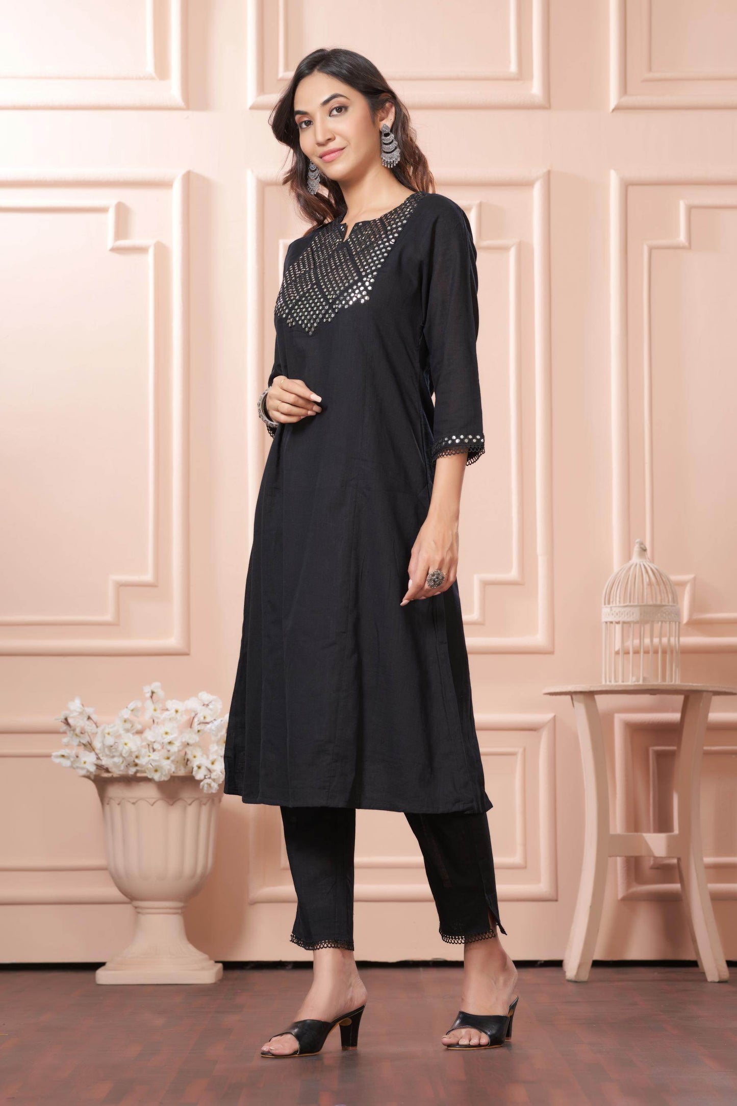 Elegant Maryam Black Cotton Kurta Set with Dupatta for Women
