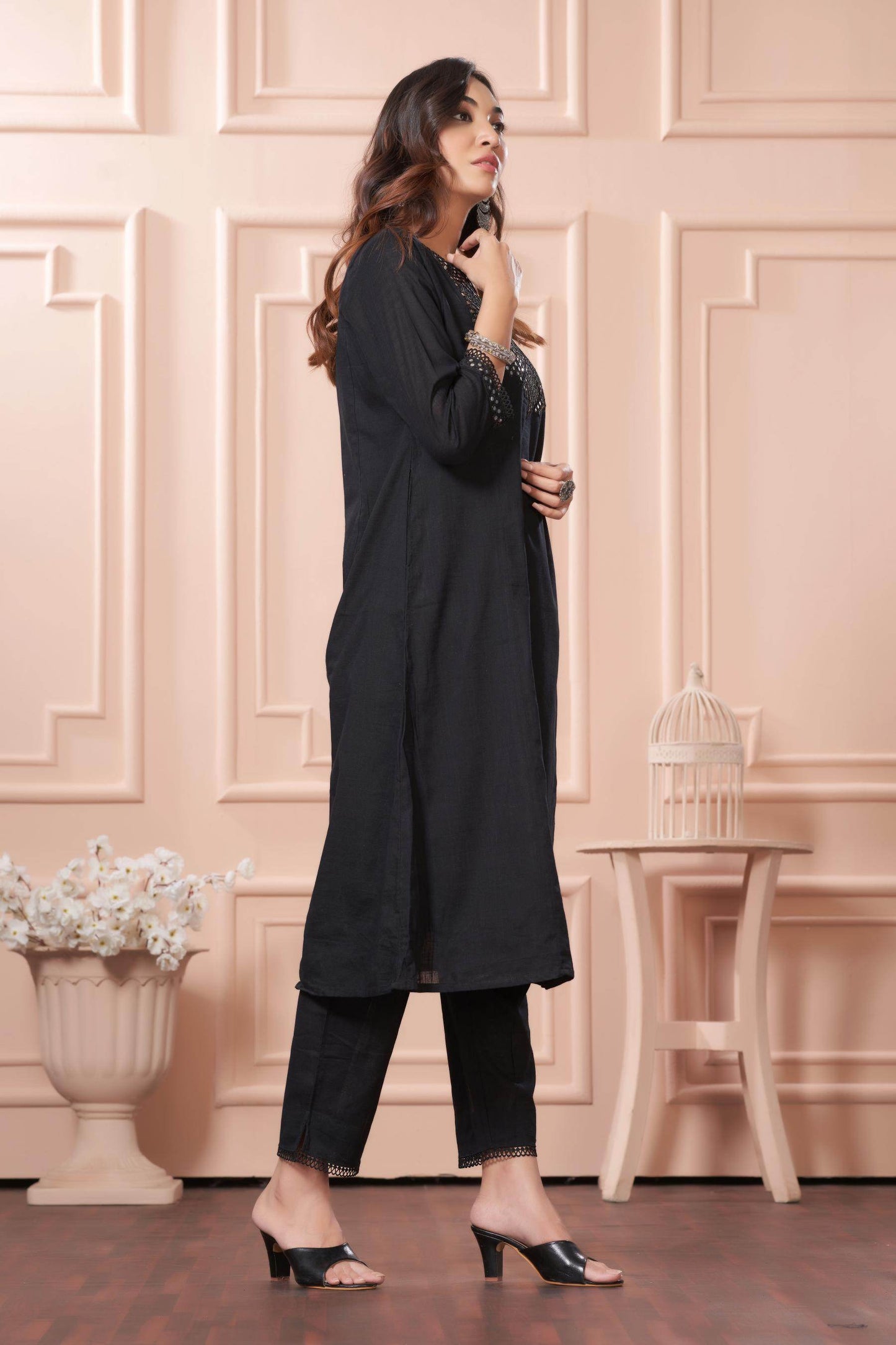 Elegant Maryam Black Cotton Kurta Set with Dupatta for Women