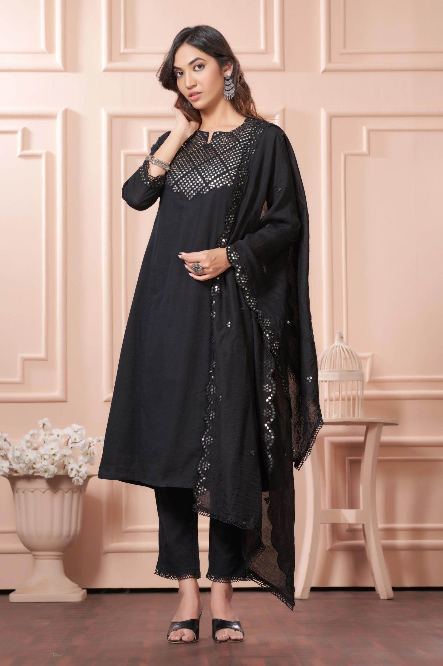 Elegant Maryam Black Cotton Kurta Set with Dupatta for Women
