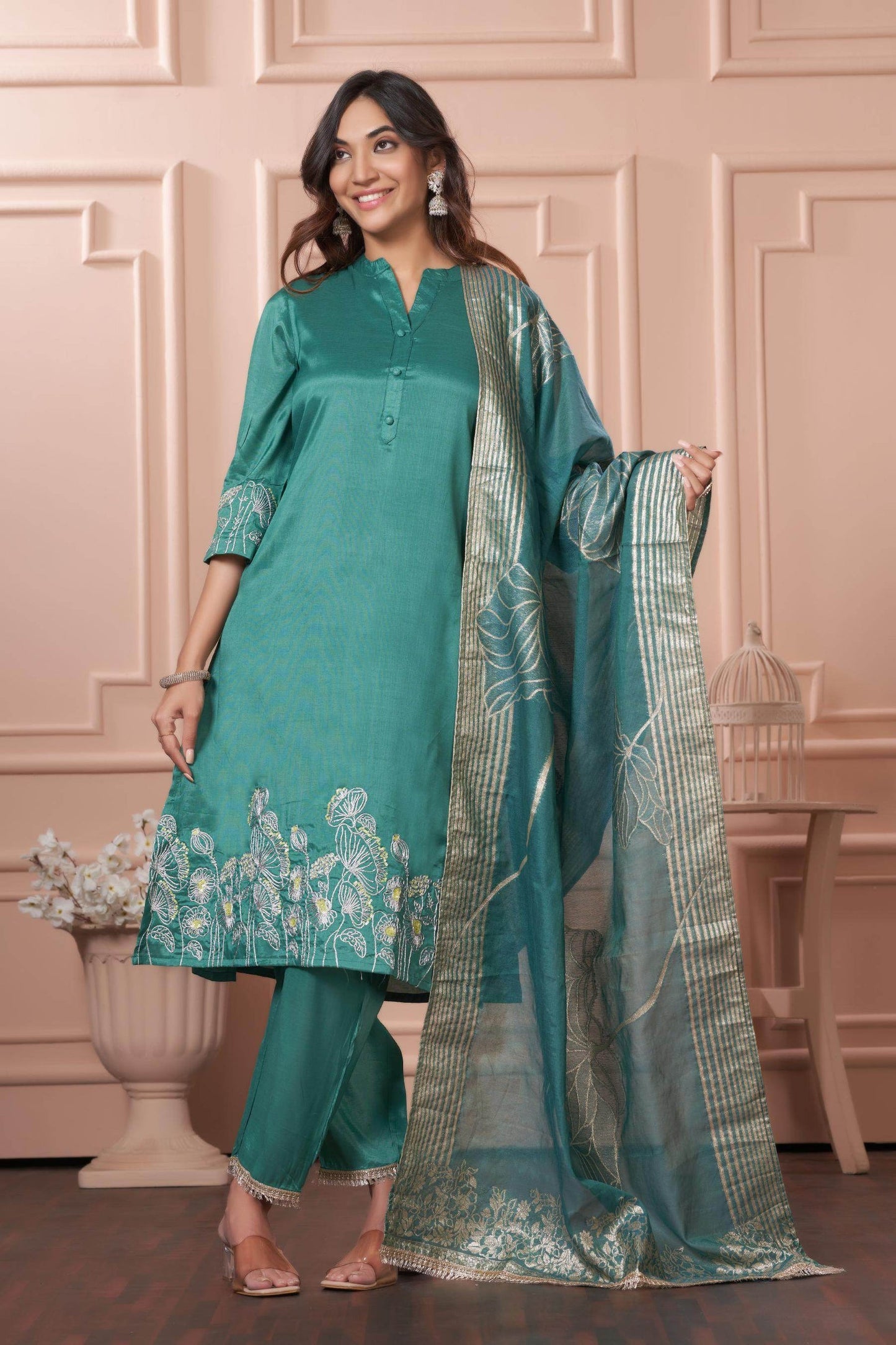 Kuhu Green & Mustard Viscose Kurta Set with Dupatta - Festive Ethnic Wear