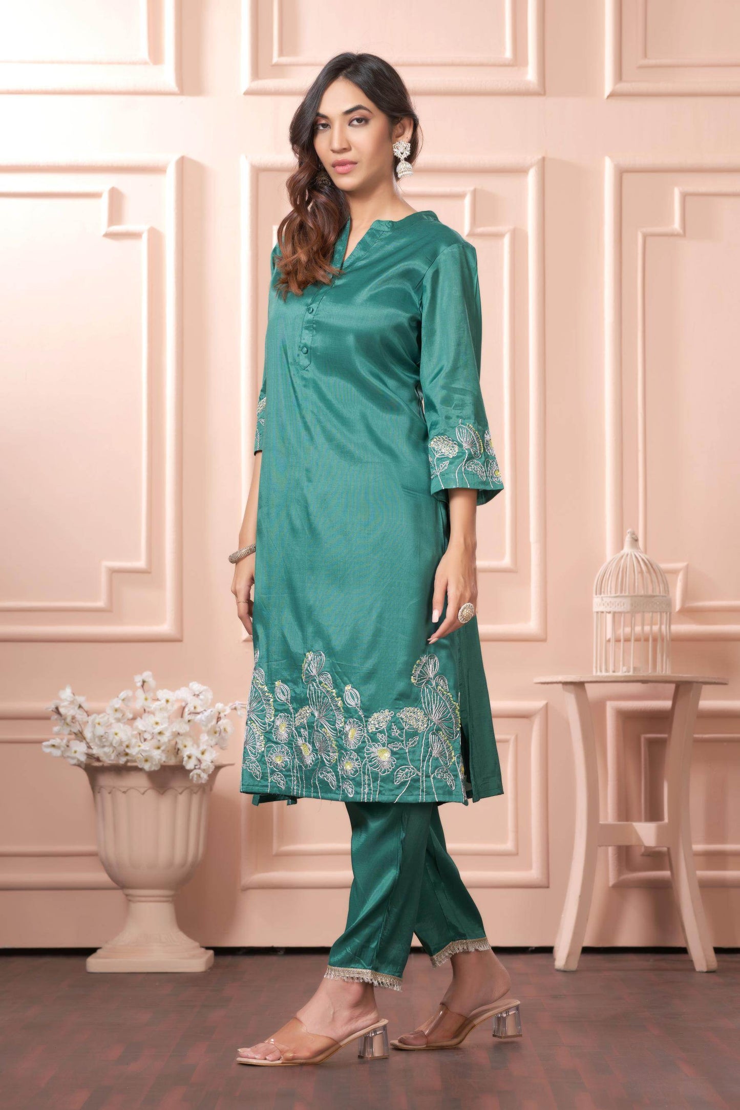 Kuhu Green & Mustard Viscose Kurta Set with Dupatta - Festive Ethnic Wear