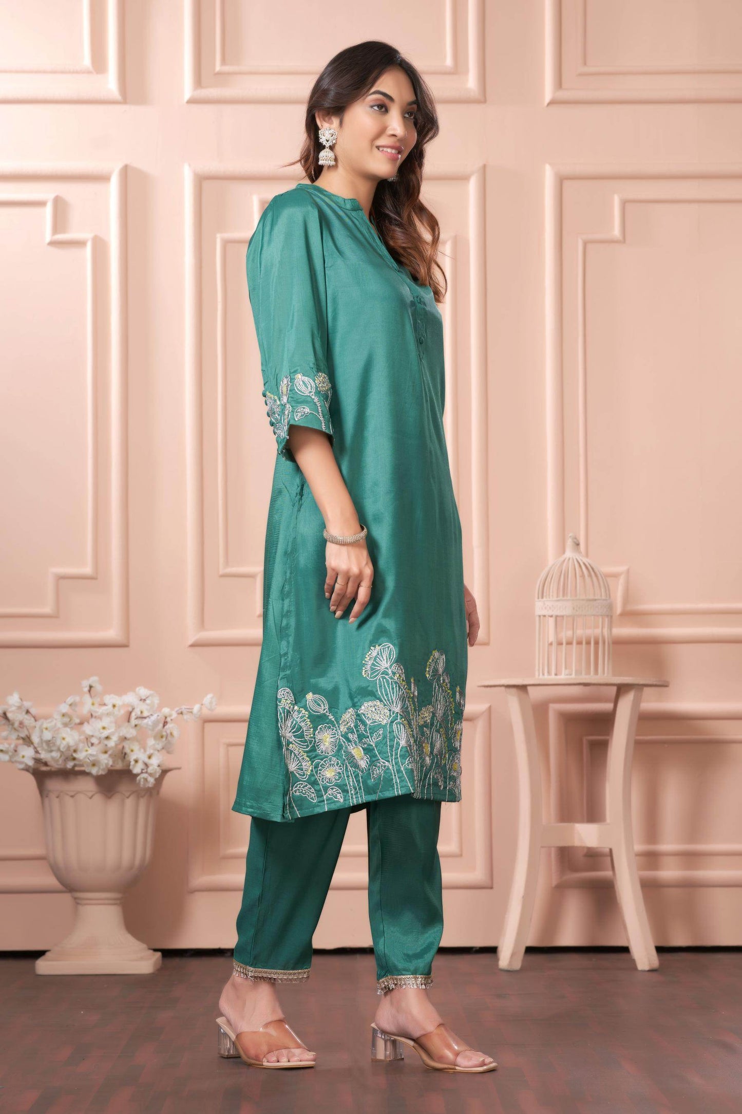 Kuhu Green & Mustard Viscose Kurta Set with Dupatta - Festive Ethnic Wear