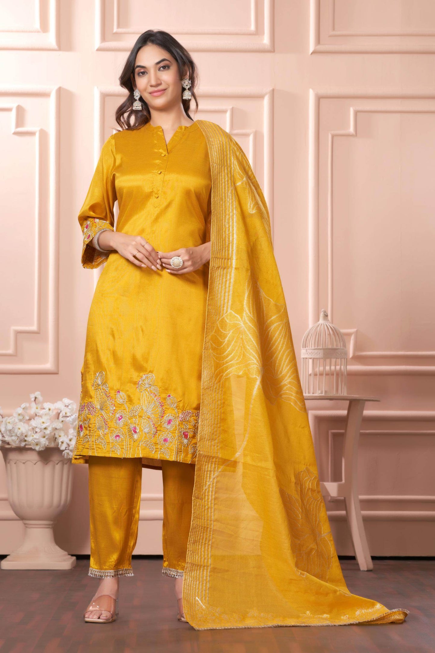 Kuhu Green & Mustard Viscose Kurta Set with Dupatta - Festive Ethnic Wear