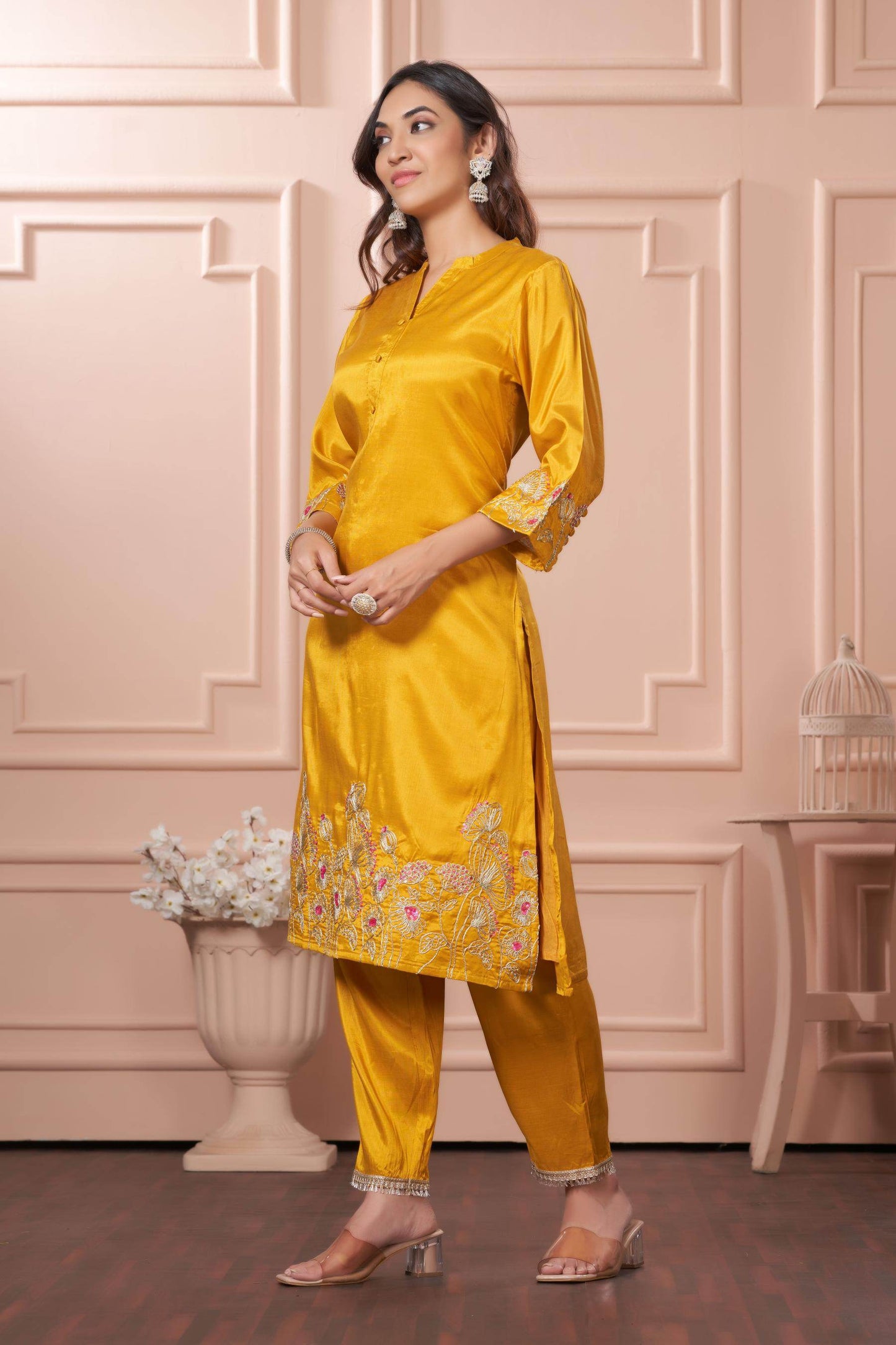 Kuhu Green & Mustard Viscose Kurta Set with Dupatta - Festive Ethnic Wear