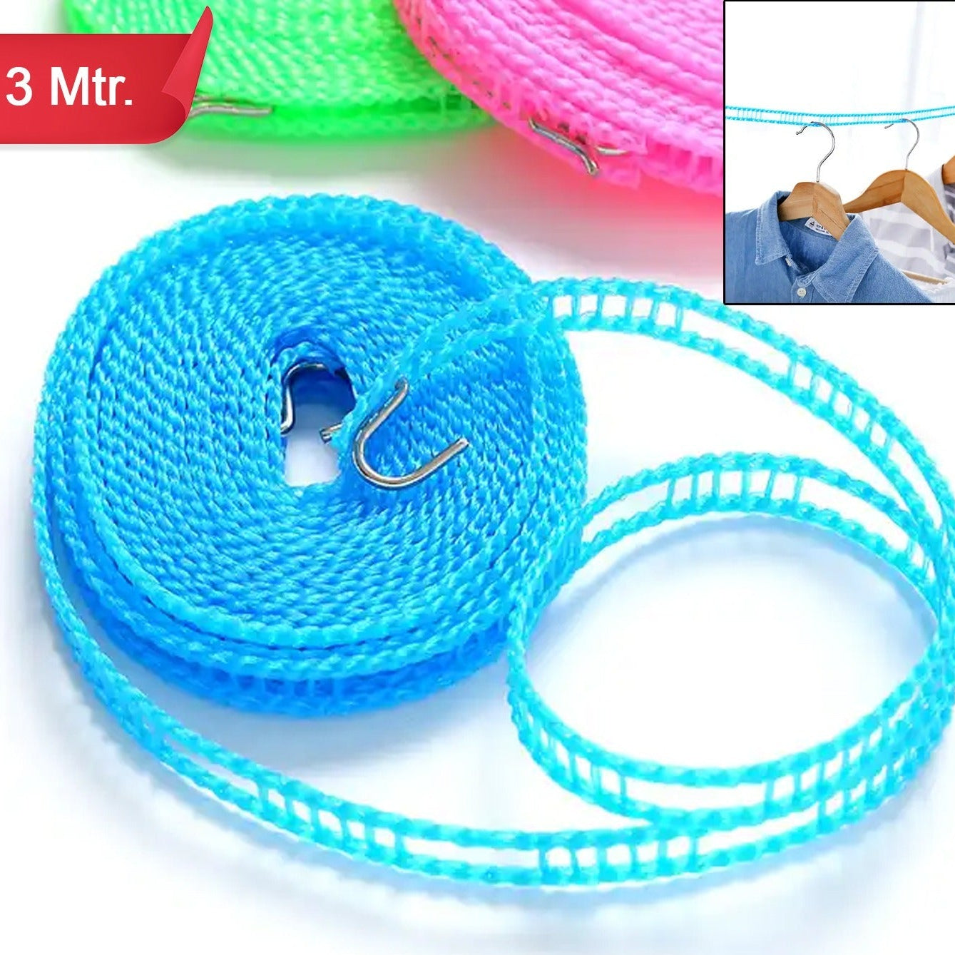 8861 3 Meters Windprood Anti-slip Clothes Washing Line Drying Nylon Rope With Hooks Durable Camping Clothesline Portable Clothes Drying Line Indoor Outdoor Laundry Storage For Travel Home Use (3 Mtr.) - warehousetech13