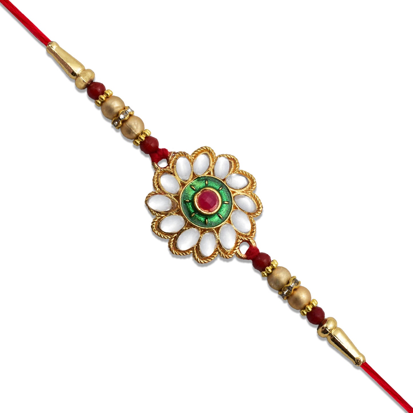 Kundan Floral Rakhi With Green Red Centerpiece - warehousetech13