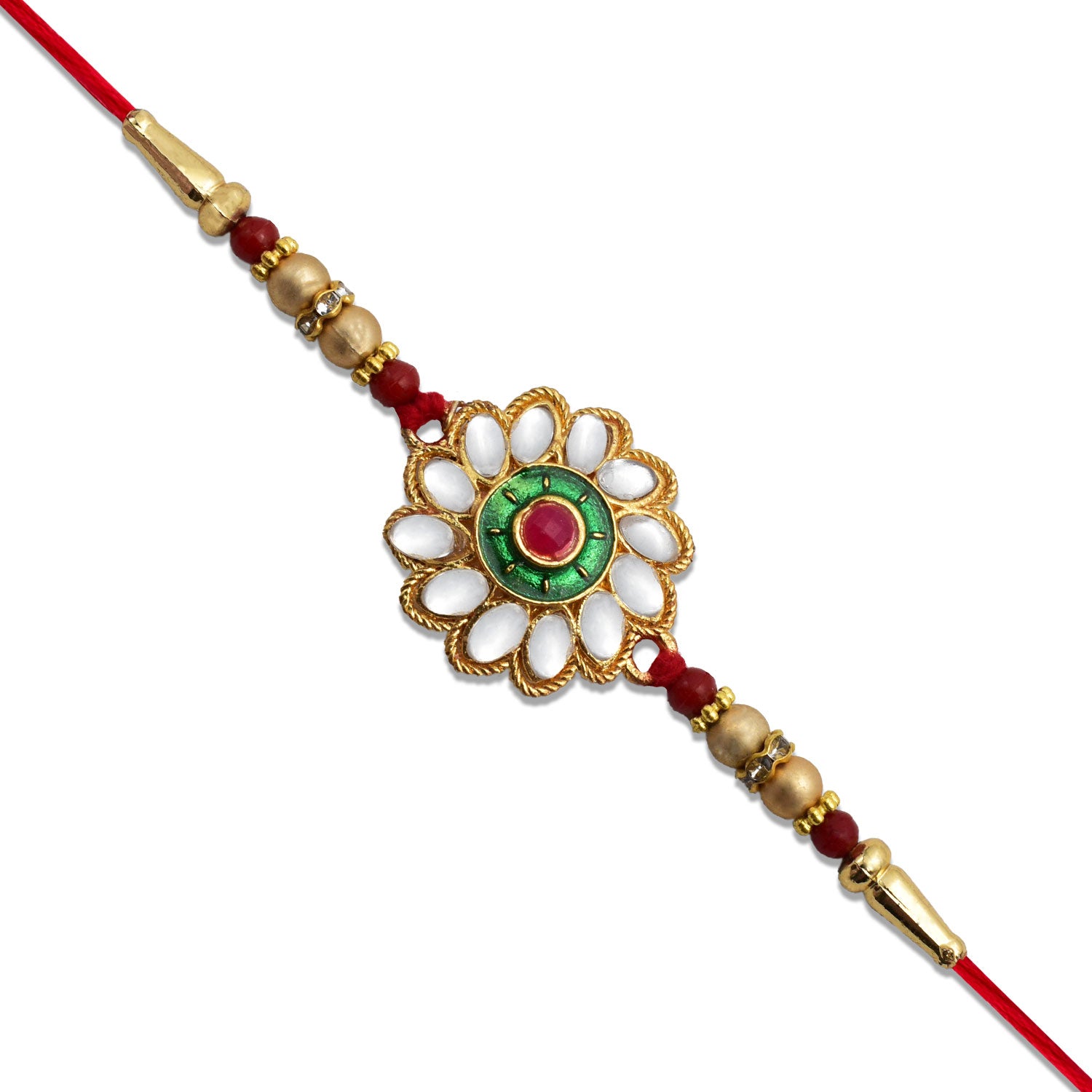 Kundan Floral Rakhi With Green Red Centerpiece - warehousetech13