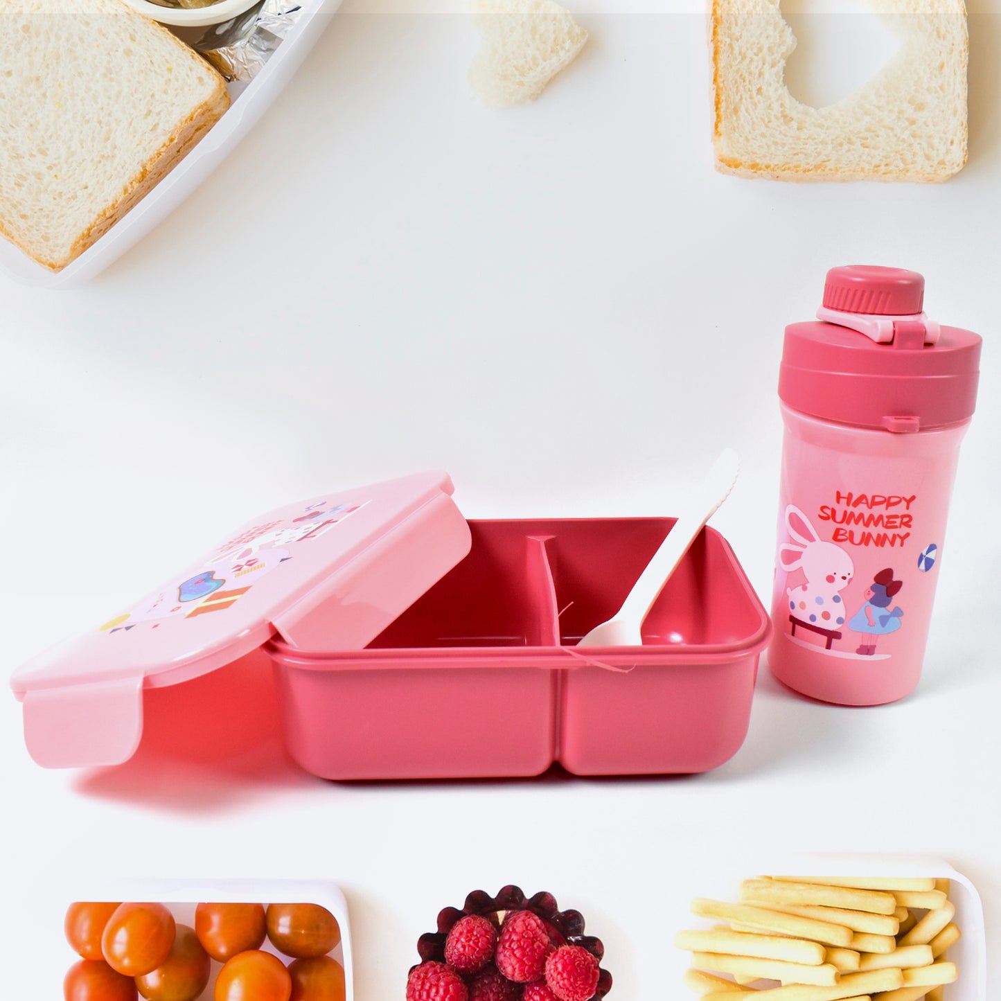Plastic Lunch Box Leak Proof 2 Compartment With Bottle And Fork (1 Set Mix Color) - warehousetech13
