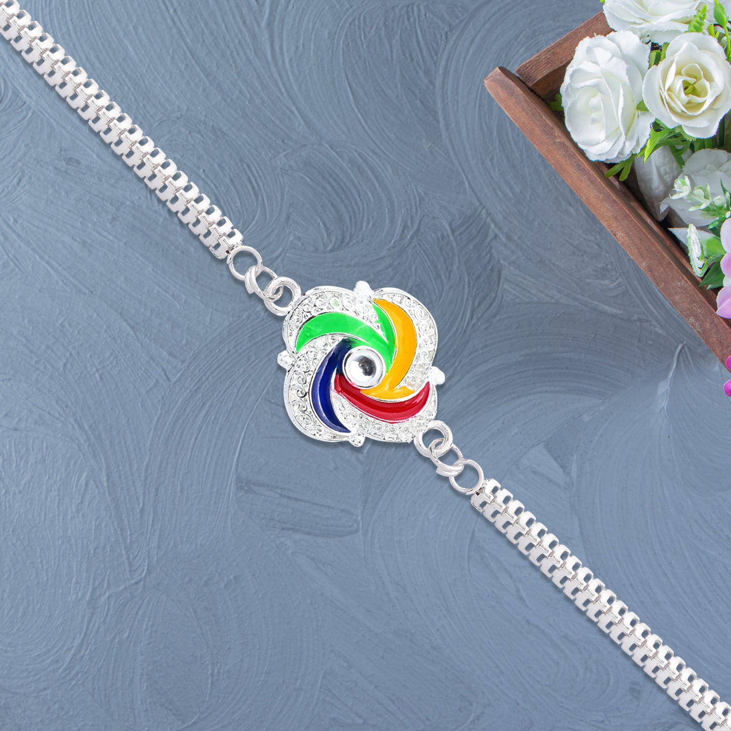 Stylish Silver Rakhi With Colorful Feather Detailing And Metal Chain - warehousetech13