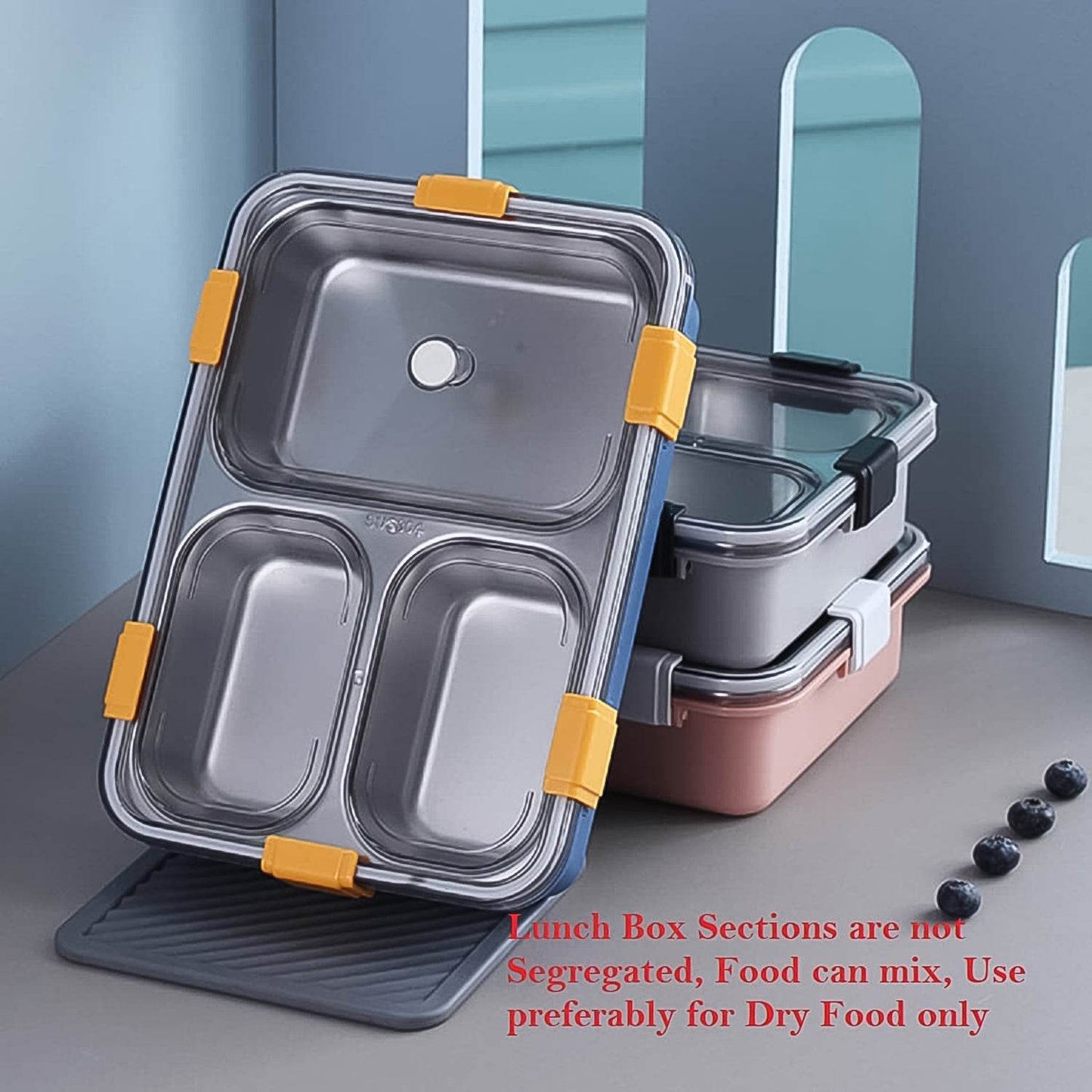 Lunch Box With A Spoon And A Pair Of Chopsticks (1 Set) 3 Compartment Transparent Stainless Steel - warehousetech13
