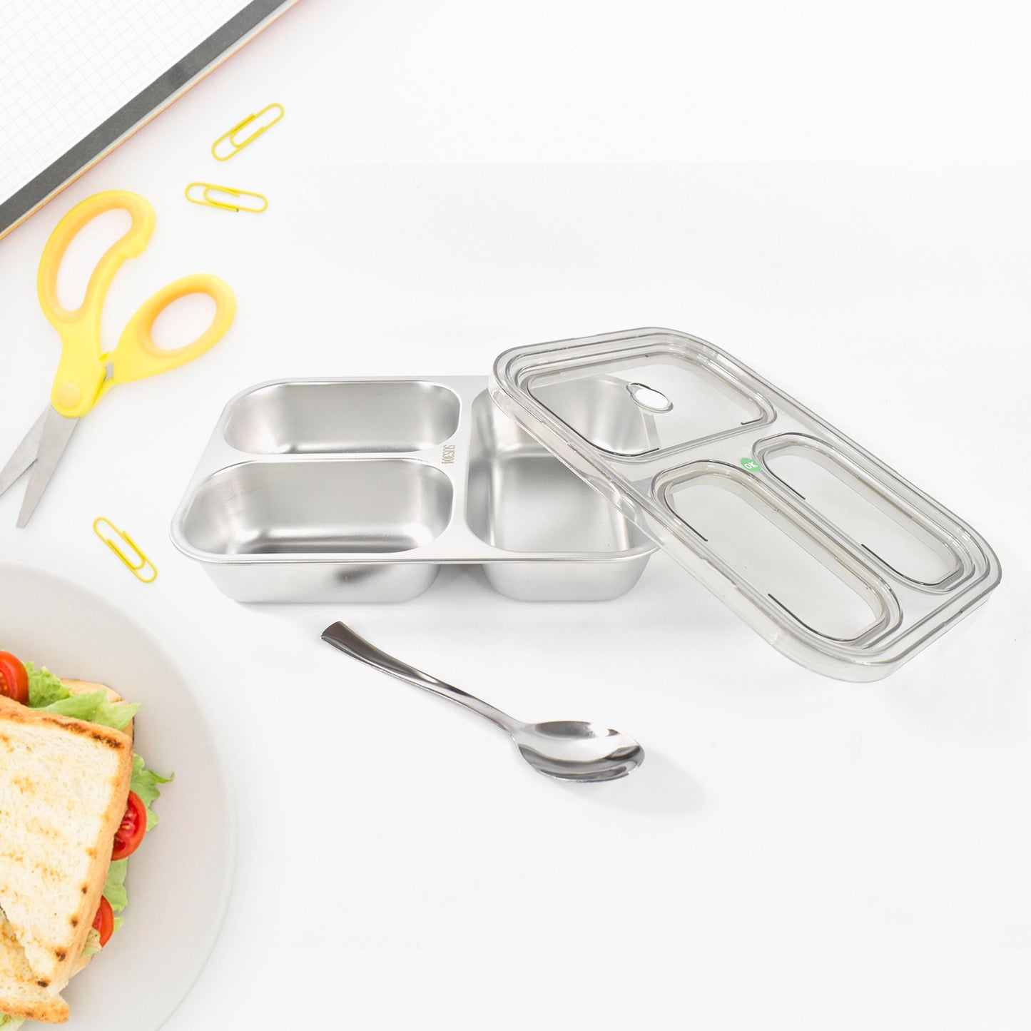 3 Compartment Transparent Stainless Steel Lunch Box For Kids - warehousetech13