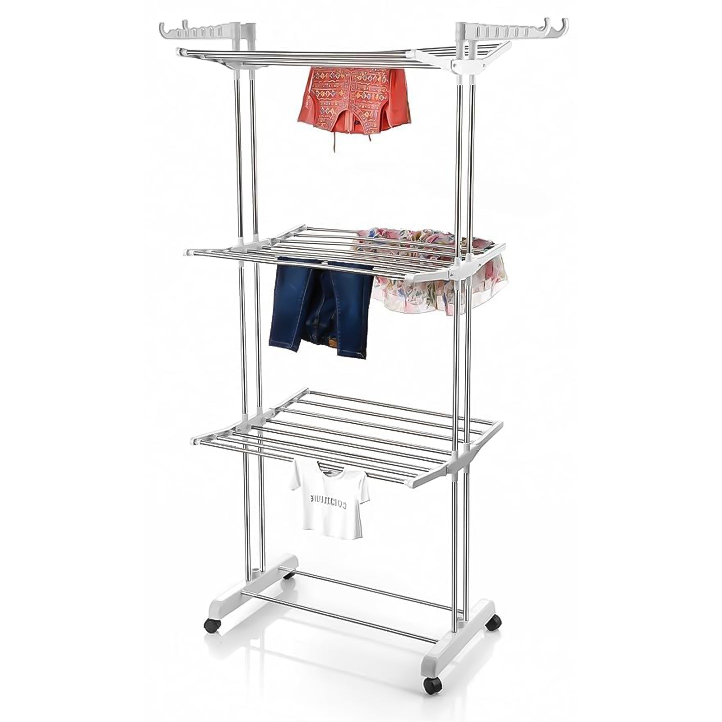 3-tier Foldable Stainless Steel Cloth Drying Stand With Wheels - warehousetech13