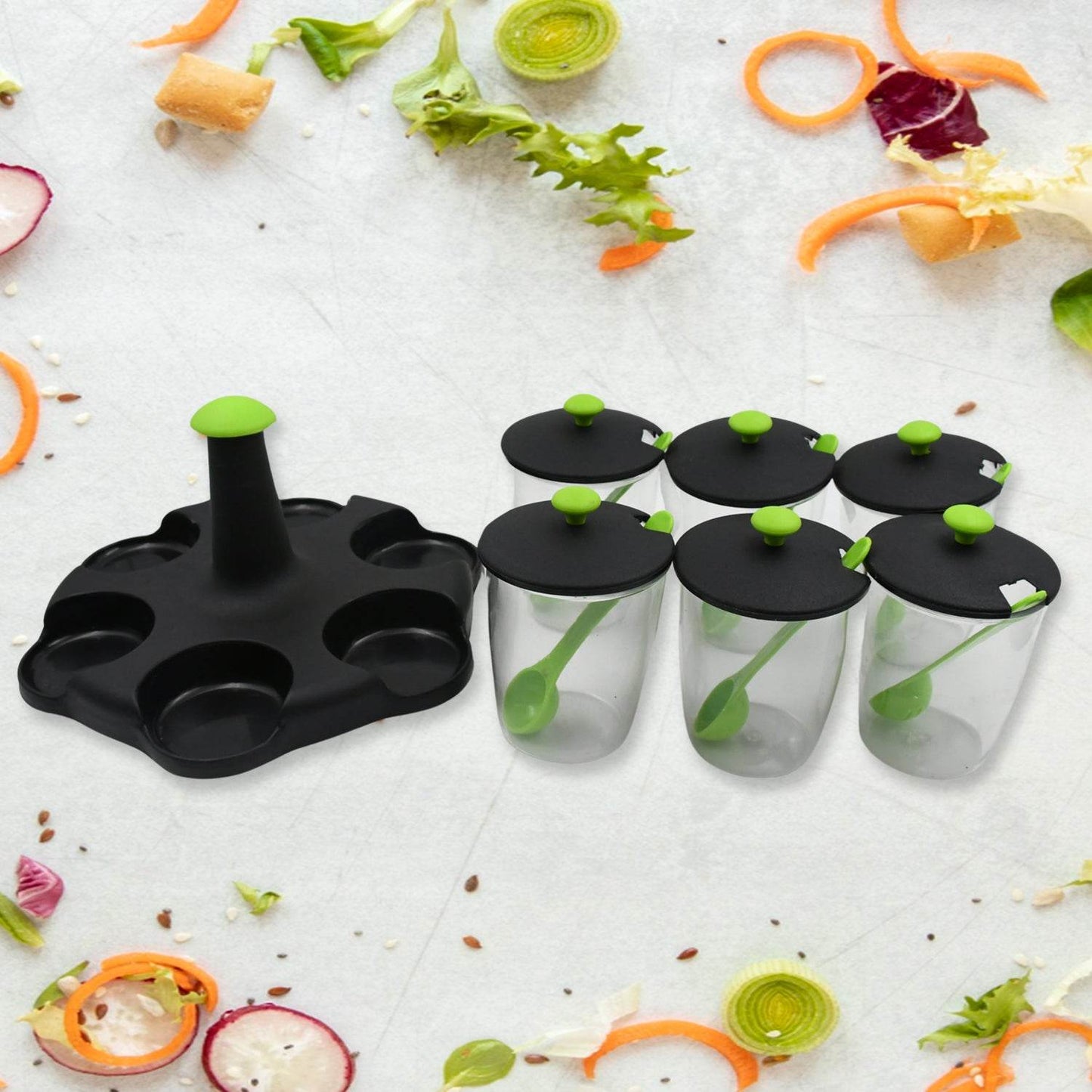 Multipurpose 6 Piece Miracle Revolving Plastic Spice Container Rack With 6 Spoon Condiment Set Masala Rack Set - warehousetech13