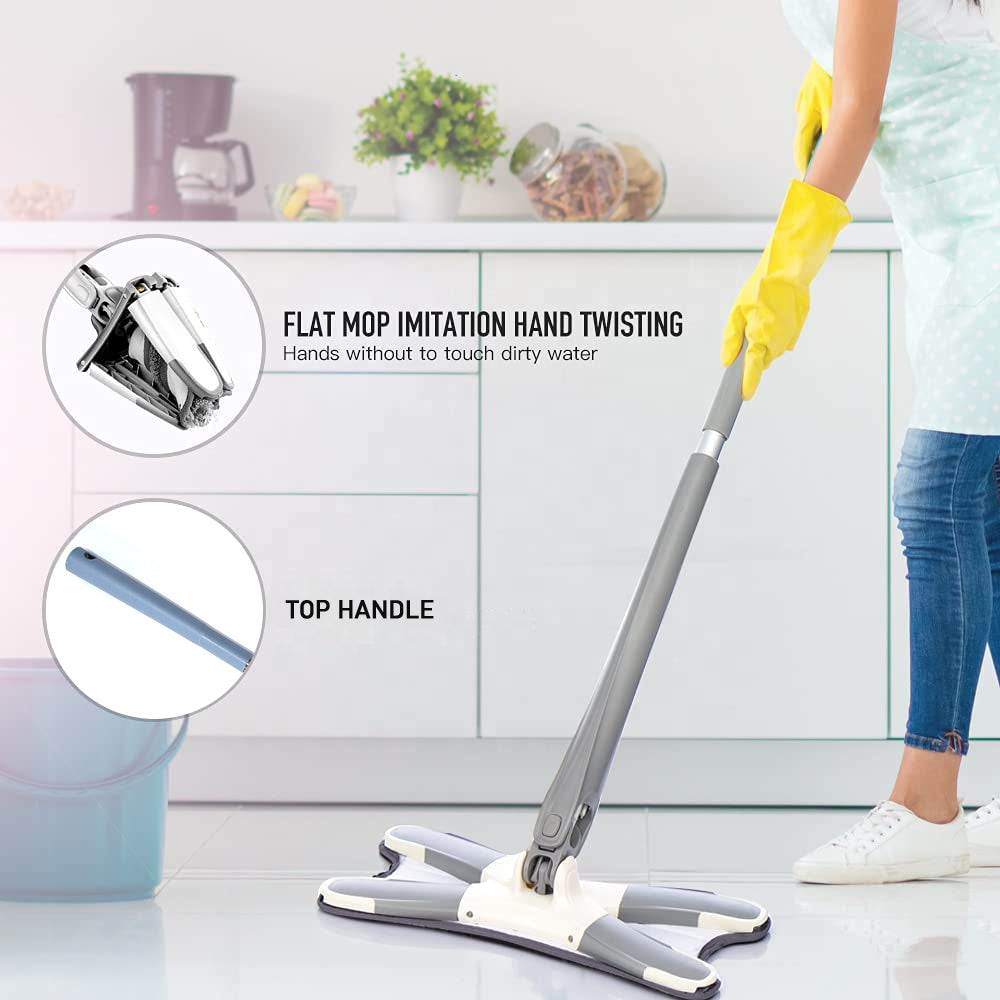 X Shape Mop Or Floor Cleaning Hands-free Squeeze Microfiber Flat Mop System 360 Flexible Head Wet And Dry Mop For Home Kitchen With 1 Super-absorbent Microfiber Pads. - warehousetech13