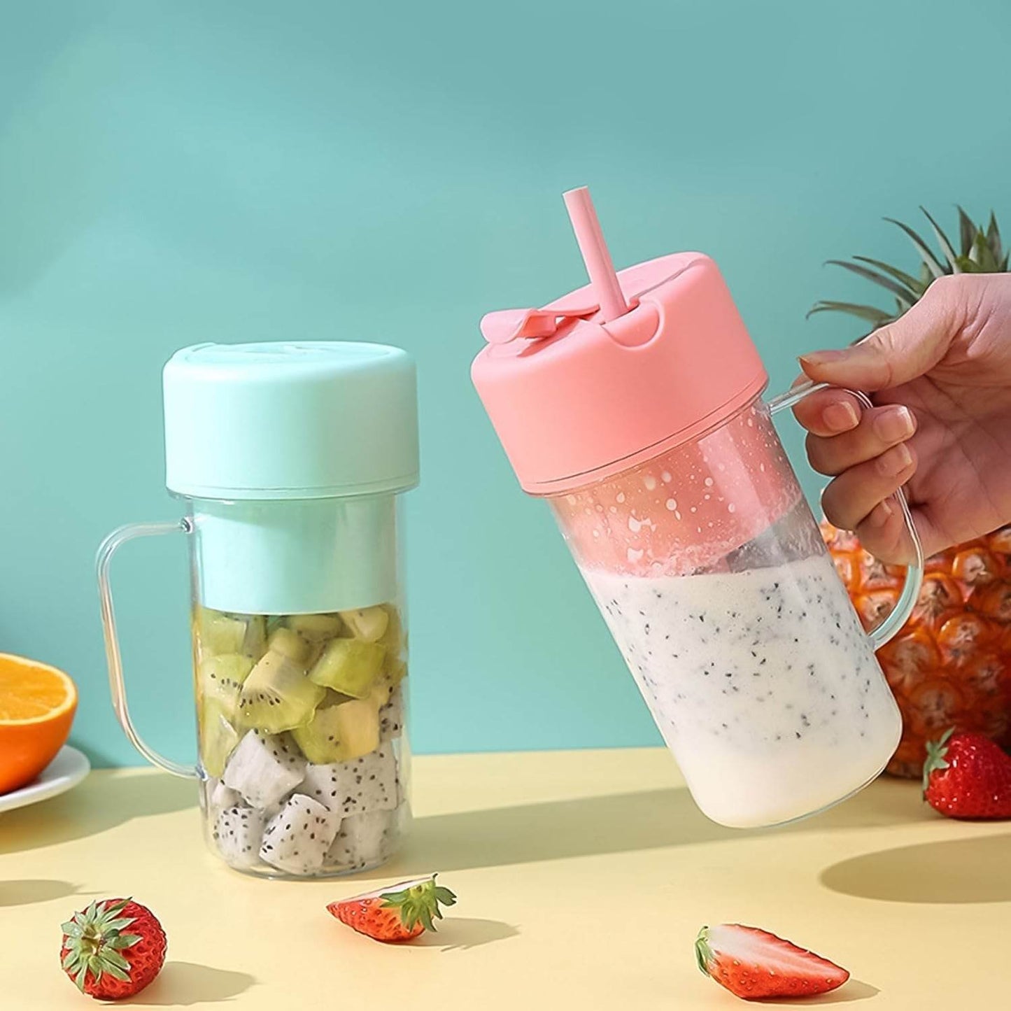 Portable Crusher Juicer With Handle Straw Usb Rechargeable 6 Blades (420 Ml) - warehousetech13