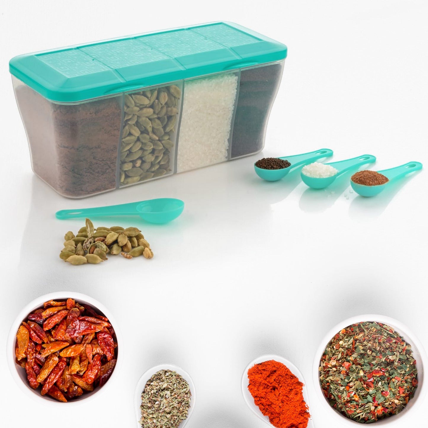 5578 Kitchen Multipurpose Air-tight 4 Sections Storage Containers Pickle (Achar) Jar With 4 Spoon For Each Section (1 Pc Mix Color) - warehousetech13