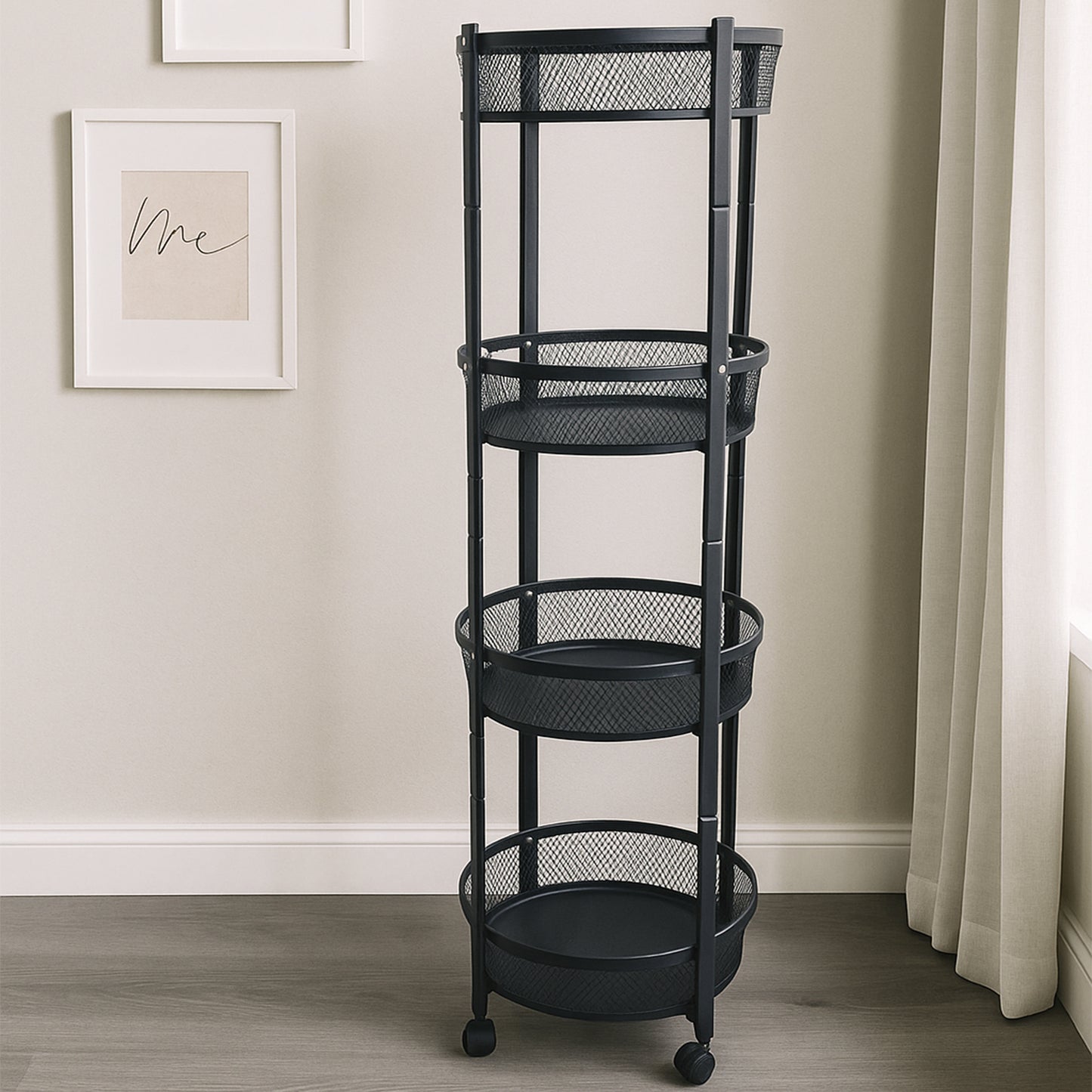 Round Metal Mesh Storage Organizer Rack,4-layer With Wheels (1 Pc)