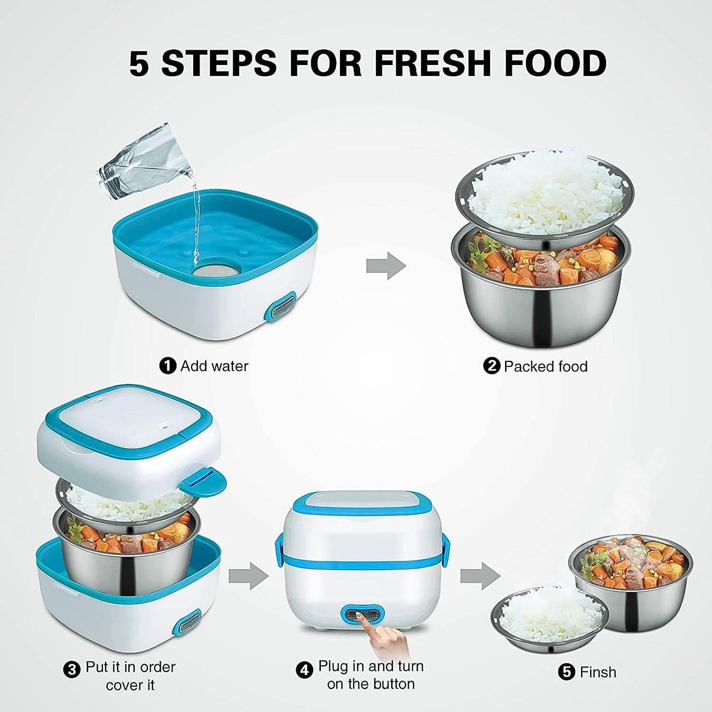 Electric Lunch Box 3 In 1 Food Heater Cooker Steamer With Stainless Steel Bowls (1 Set) - warehousetech13