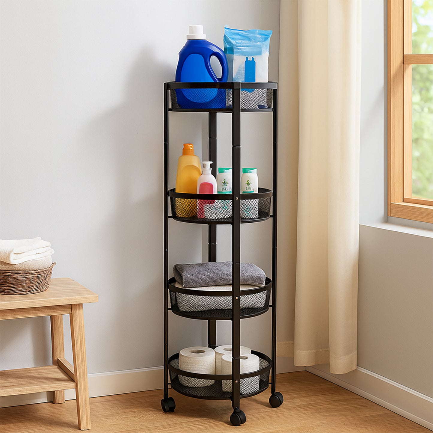 Round Metal Mesh Storage Organizer Rack,4-layer With Wheels (1 Pc)