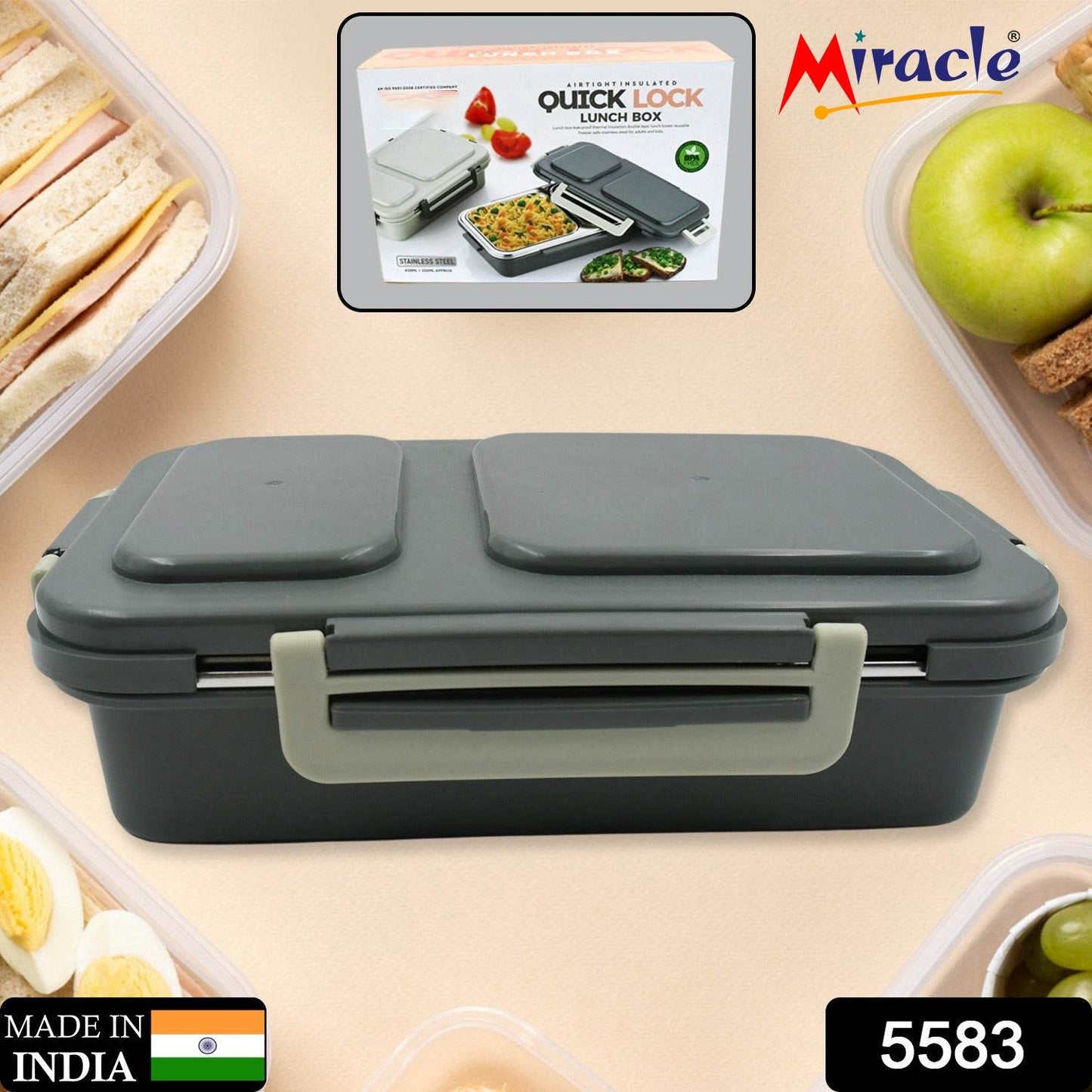 Miracle Quick Lock Leak Proof 2 Compartment Stainless Steel Lunch Box Inner Plate Reusable Microwave Freezer Safe Lunch Box - warehousetech13
