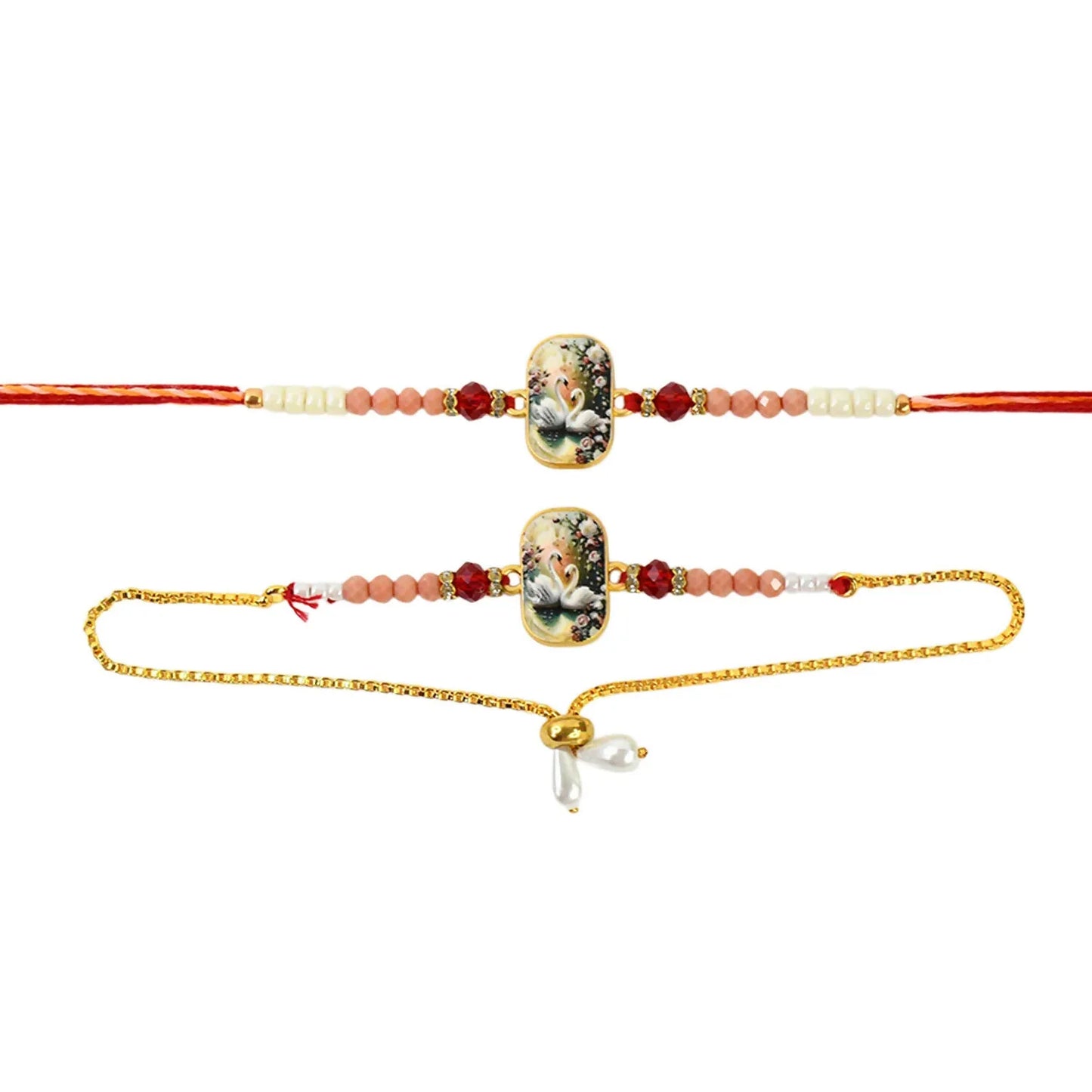 Elegant Swan Design Bhaiya Bhabhi Rakhi Set Premium Printed Tile Rakhi With Crystal Beads Adjustable Bracelet - warehousetech13
