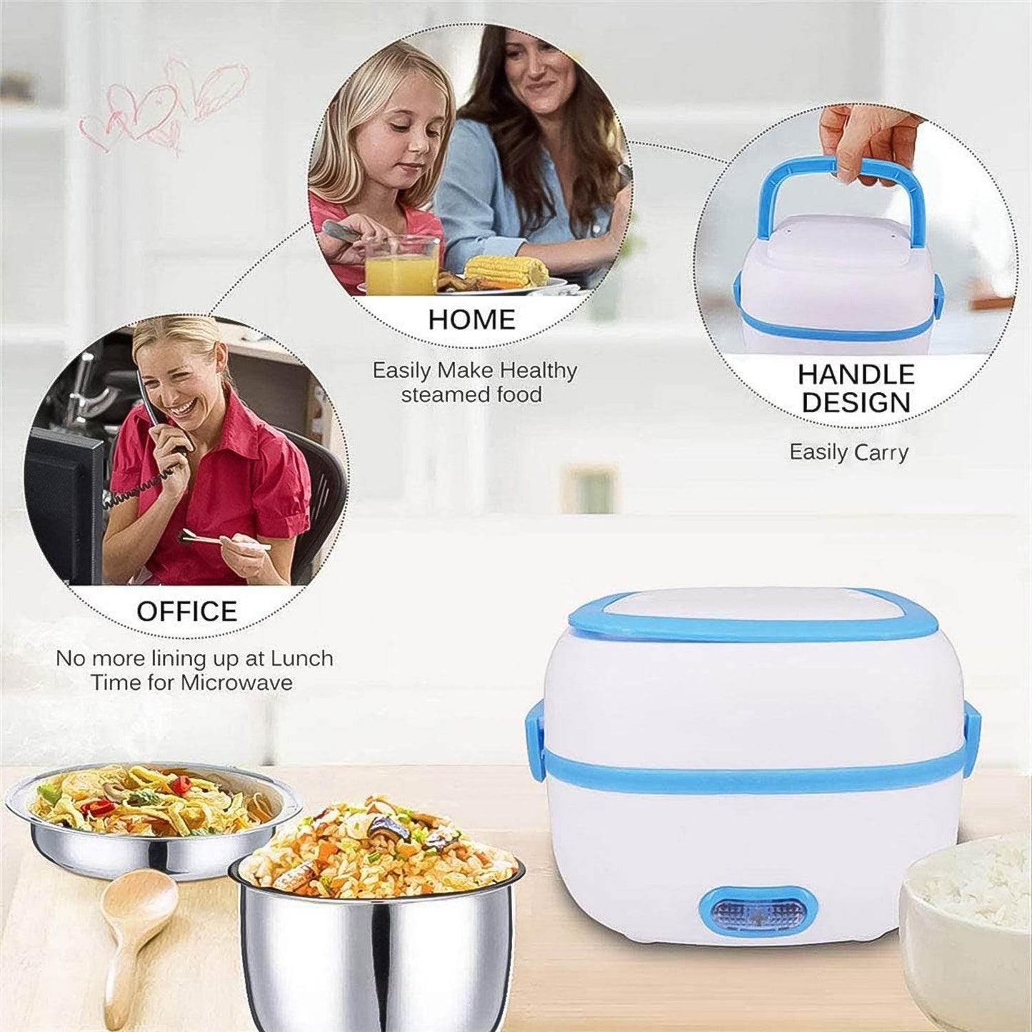 Electric Lunch Box 3 In 1 Food Heater Cooker Steamer With Stainless Steel Bowls (1 Set) - warehousetech13
