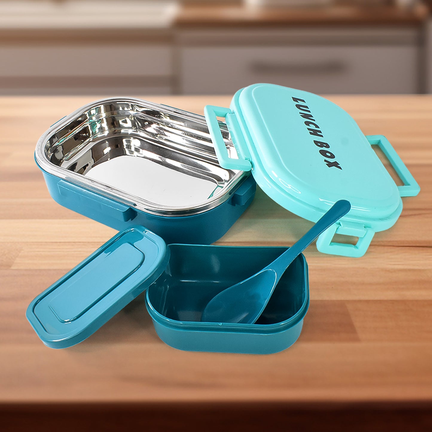 3 In 1 Spicy Bite Stainless Steel Lunch Box With Plastic Small Box Spoon (1 Set) - warehousetech13