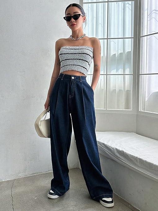 Women High Waisted Dark Navy Blue Jeans - warehousetech13