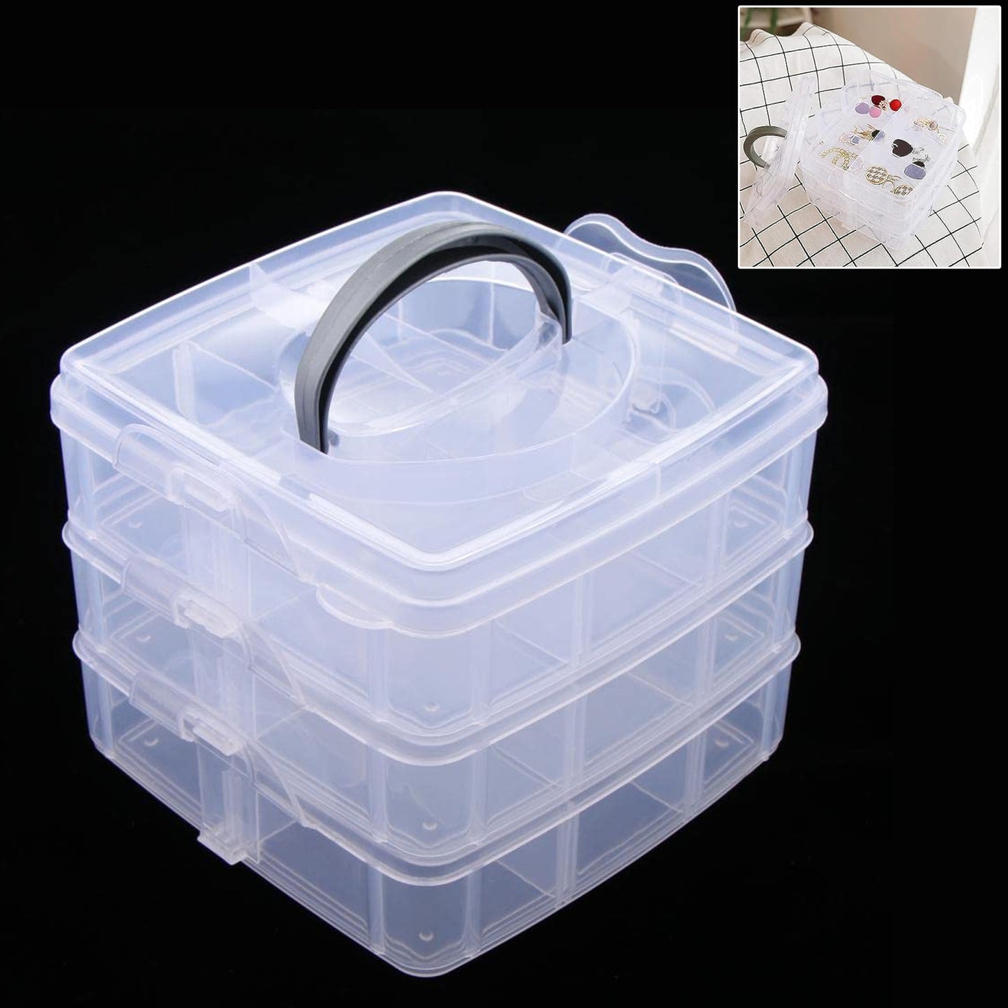 3-tier 18 Sections Transparent Stackable Adjustable Compartment Slot Plastic Craft Storage Box - warehousetech13